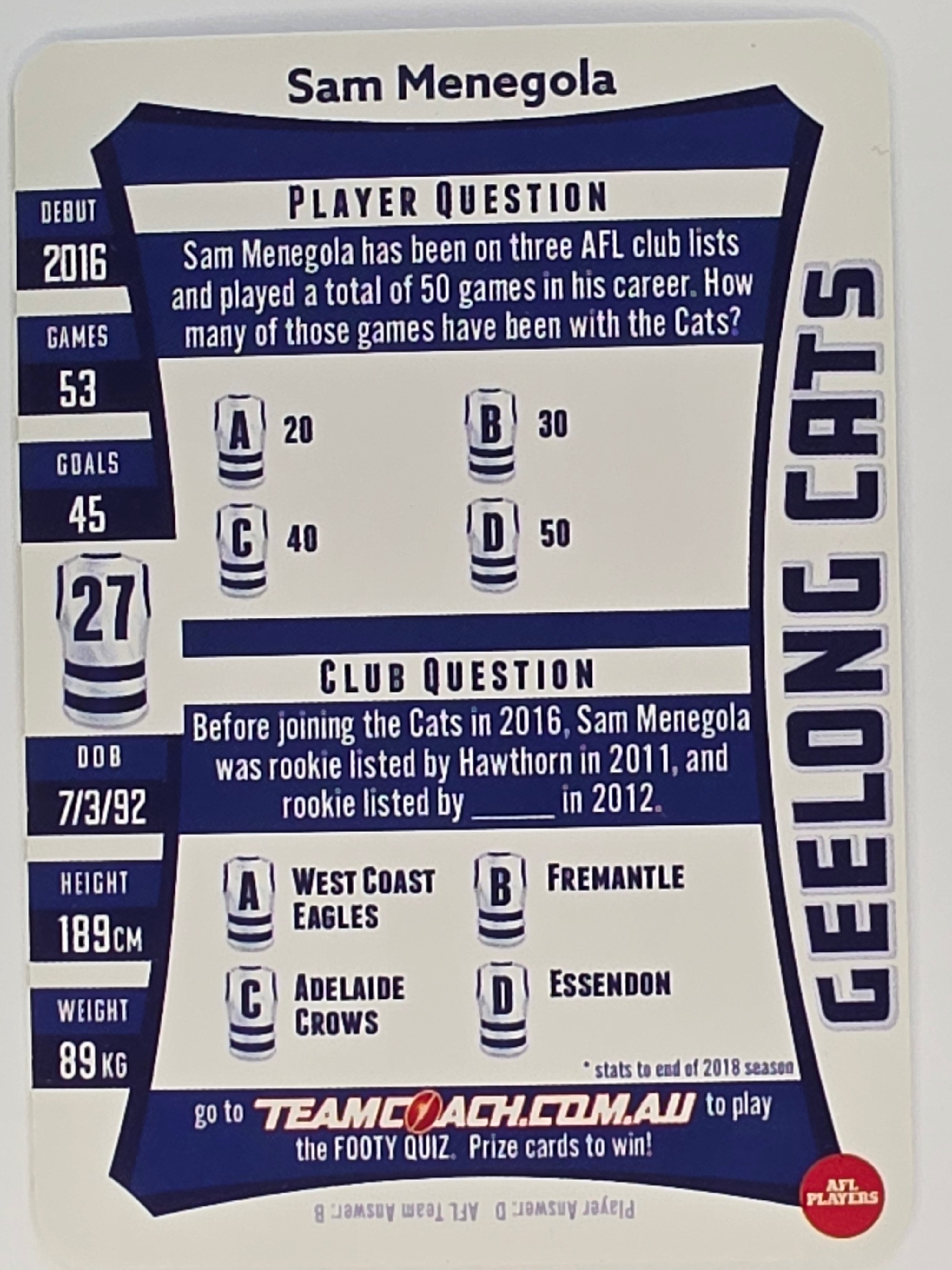 AFL 2019 TeamCoach Silver Parallel #174 Sam Menegola Geelong Cats