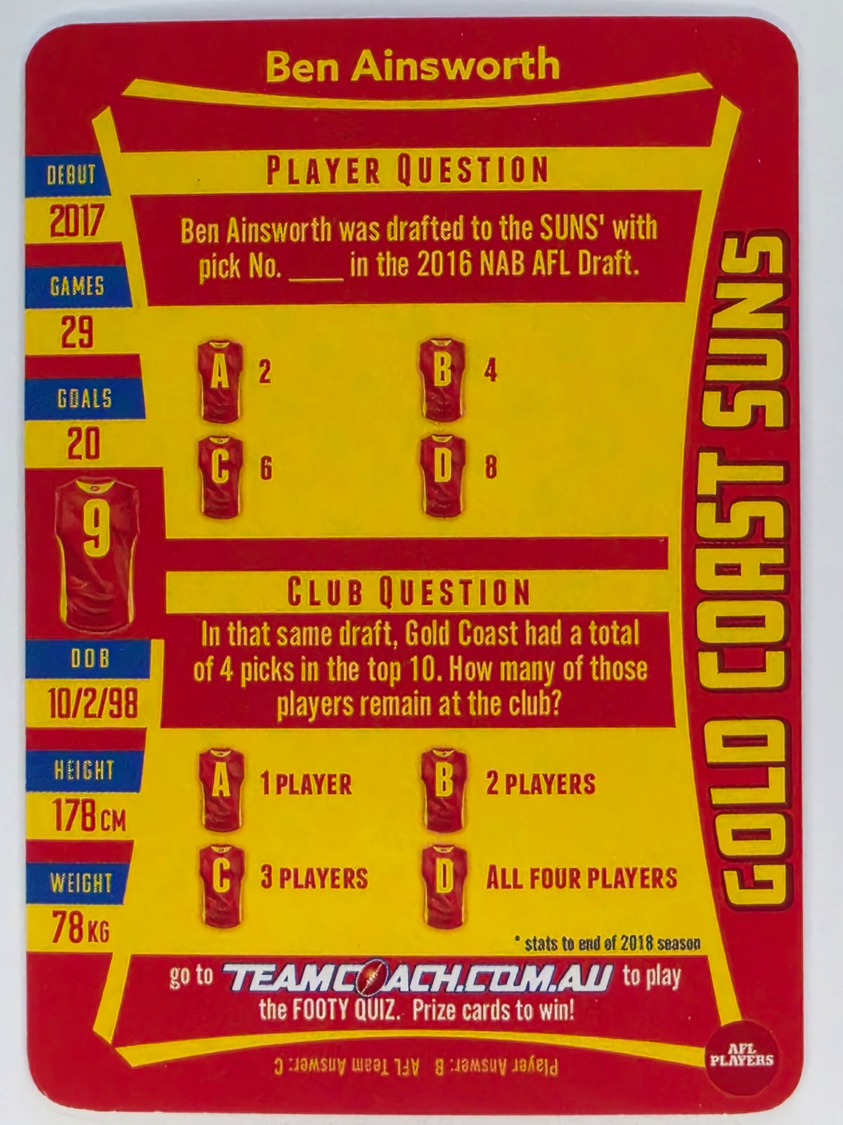 AFL 2019 TeamCoach Silver Parallel #176 Ben Ainsworth Gold Coast Suns