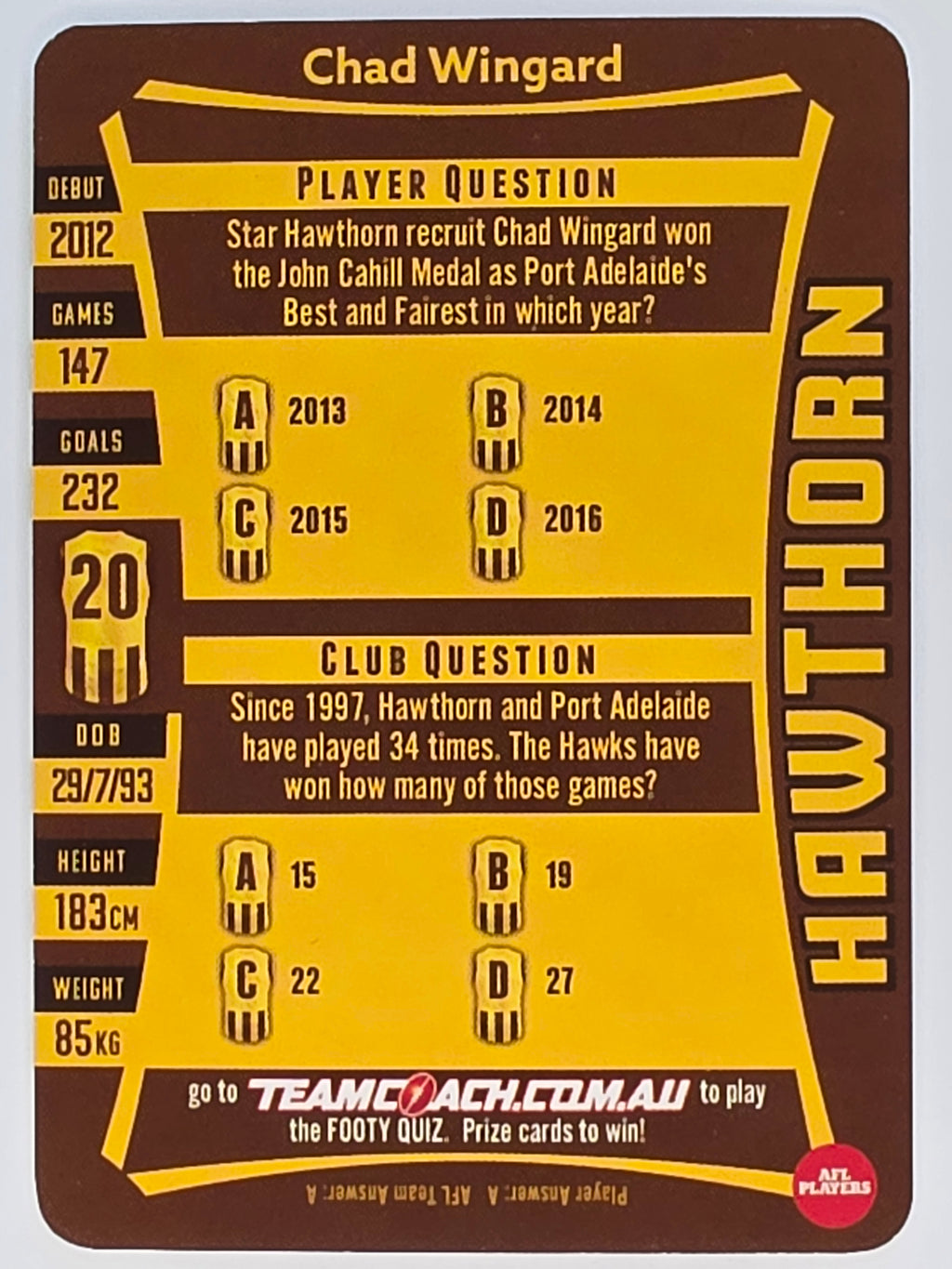AFL 2019 TeamCoach Silver Parallel #185 Chad Wingard Hawthorn Hawks