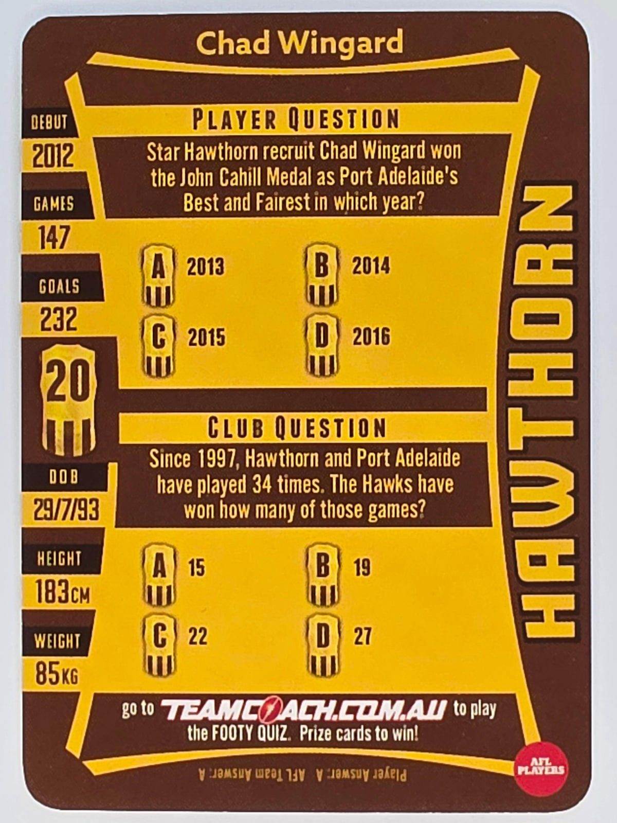 AFL 2019 TeamCoach Silver Parallel #185 Chad Wingard Hawthorn Hawks