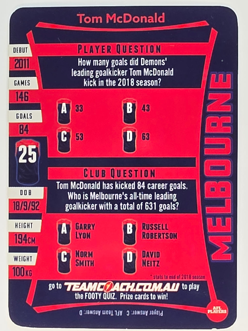 AFL 2019 TeamCoach Silver Parallel #186 Tom McDonald Melbourne Demons