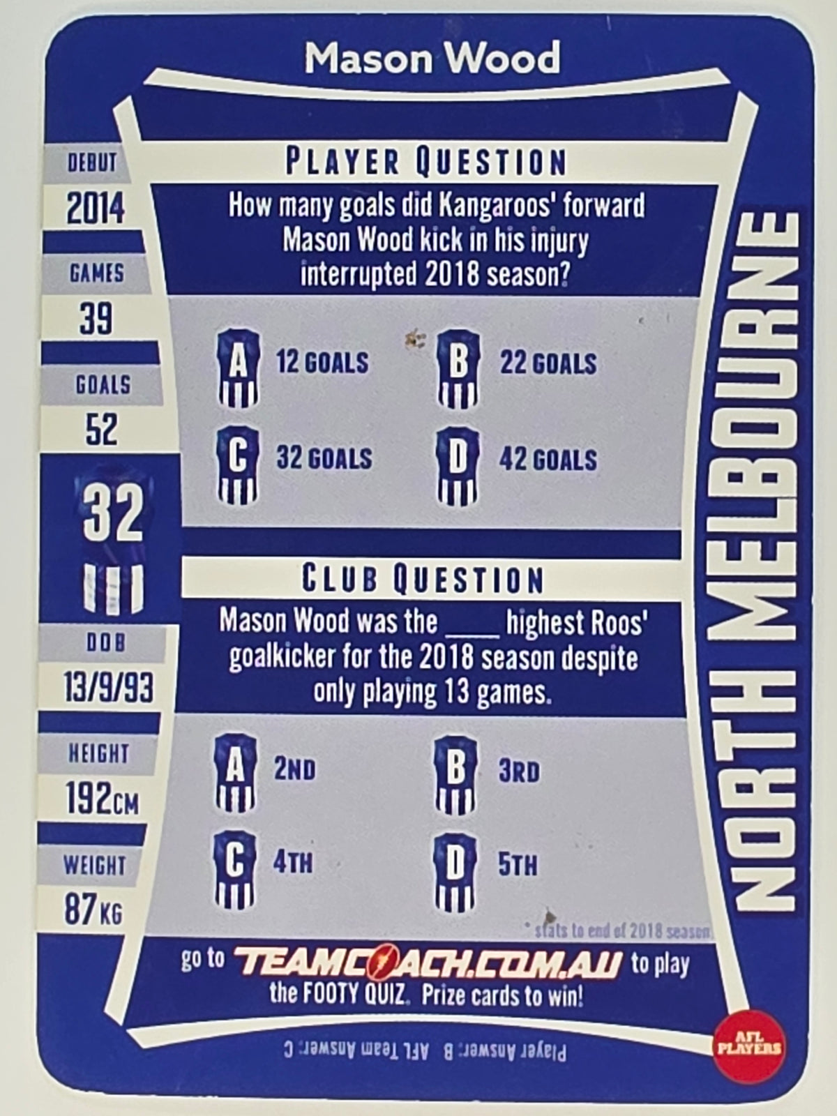 AFL 2019 TeamCoach Silver Parallel #191 Mason Wood North Melbourne Kangaroos