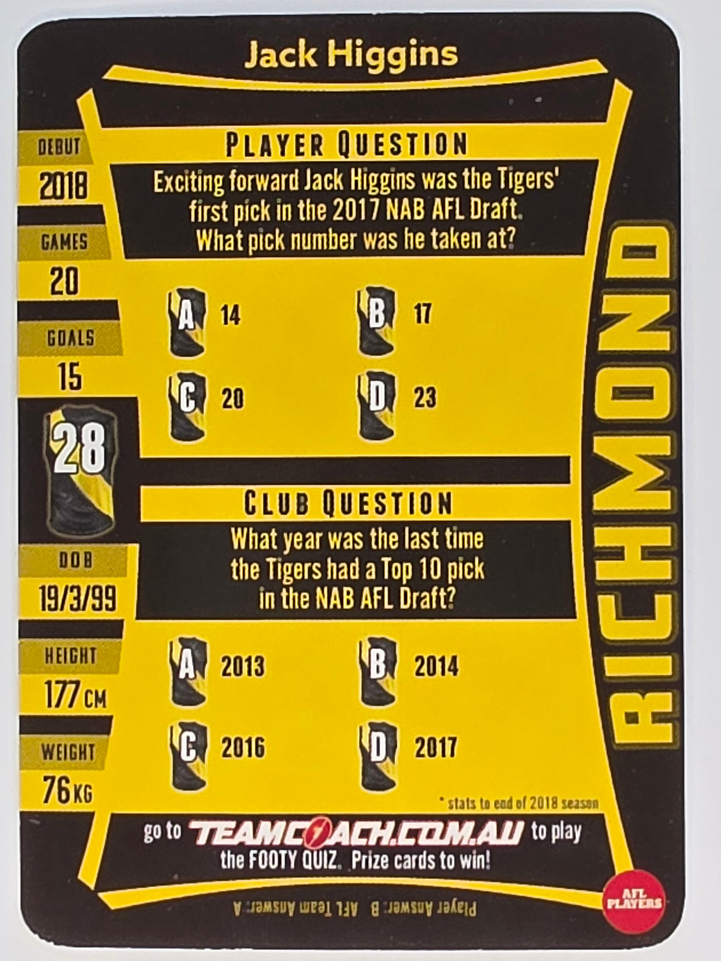AFL 2019 TeamCoach Silver Parallel #198 Jack Higgins Richmond Tigers
