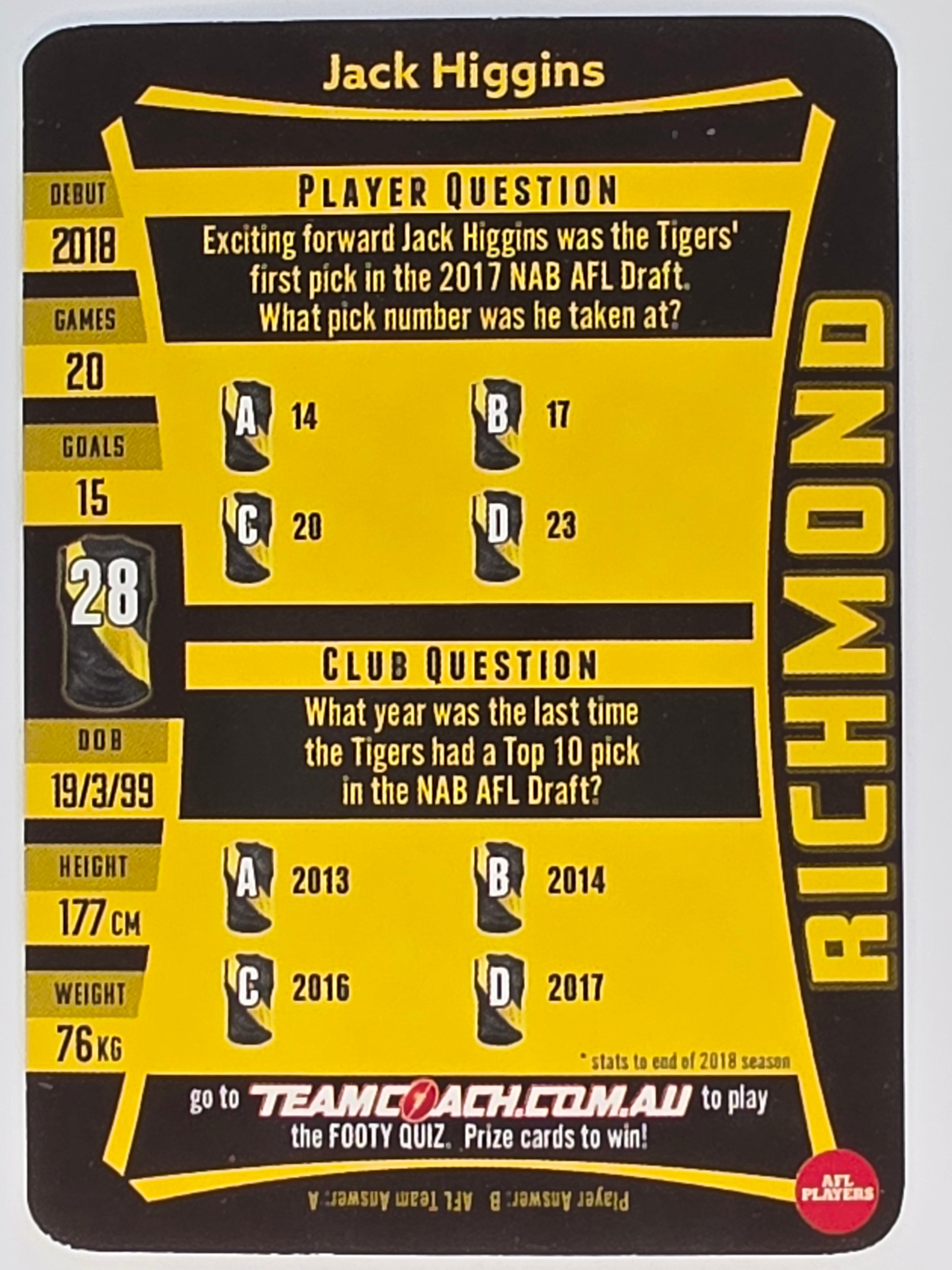 AFL 2019 TeamCoach Silver Parallel #198 Jack Higgins Richmond Tigers