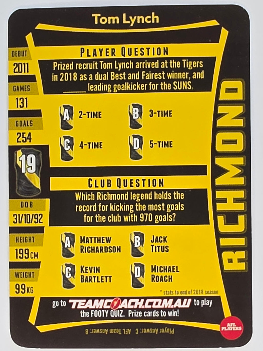 AFL 2019 TeamCoach Silver Parallel #199 Tom Lynch Richmond Tigers
