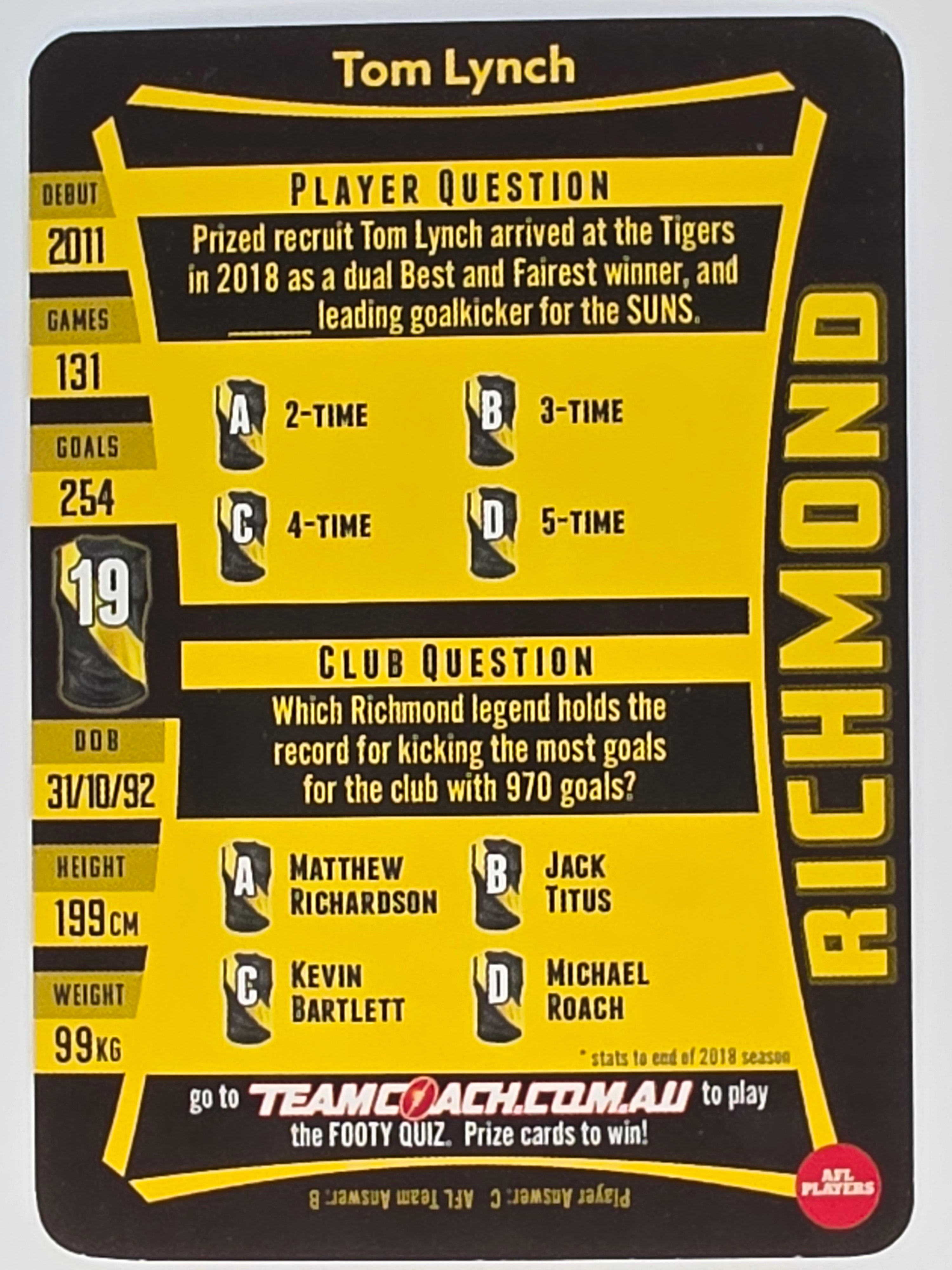 AFL 2019 TeamCoach Silver Parallel #199 Tom Lynch Richmond Tigers