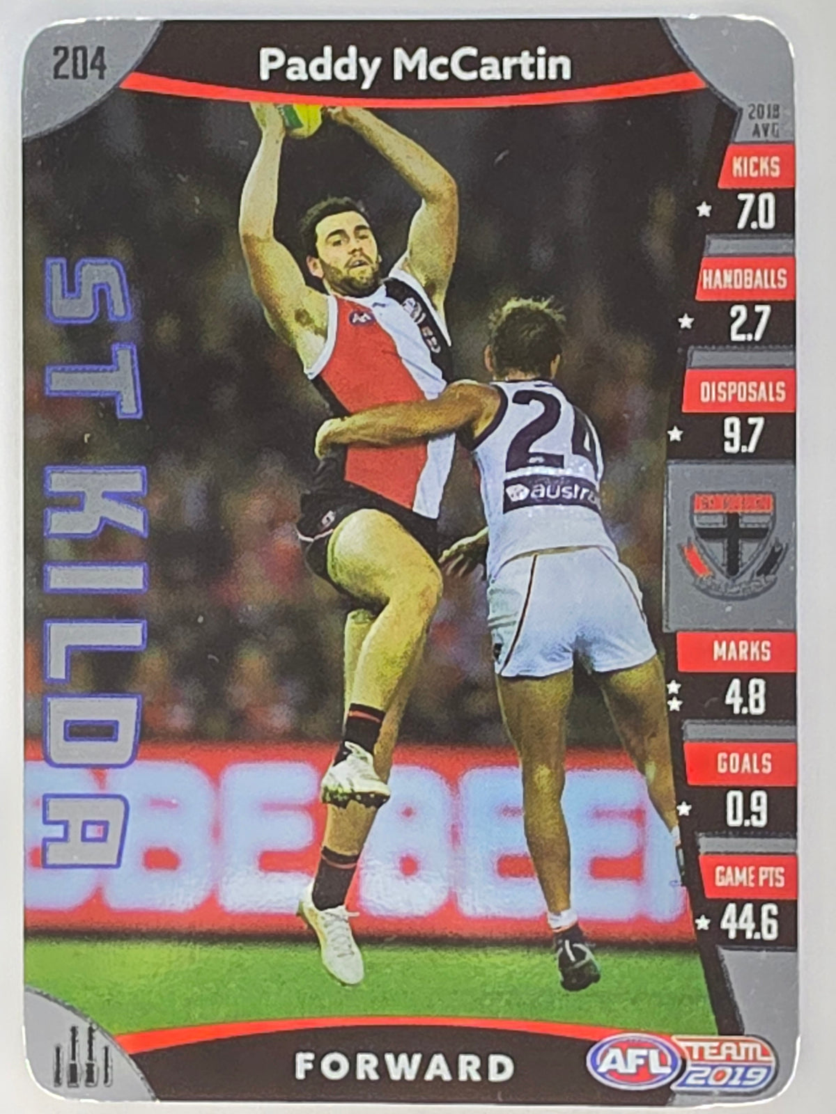 AFL 2019 TeamCoach Silver Parallel #204 Paddy McCartin St. Kilda Saints