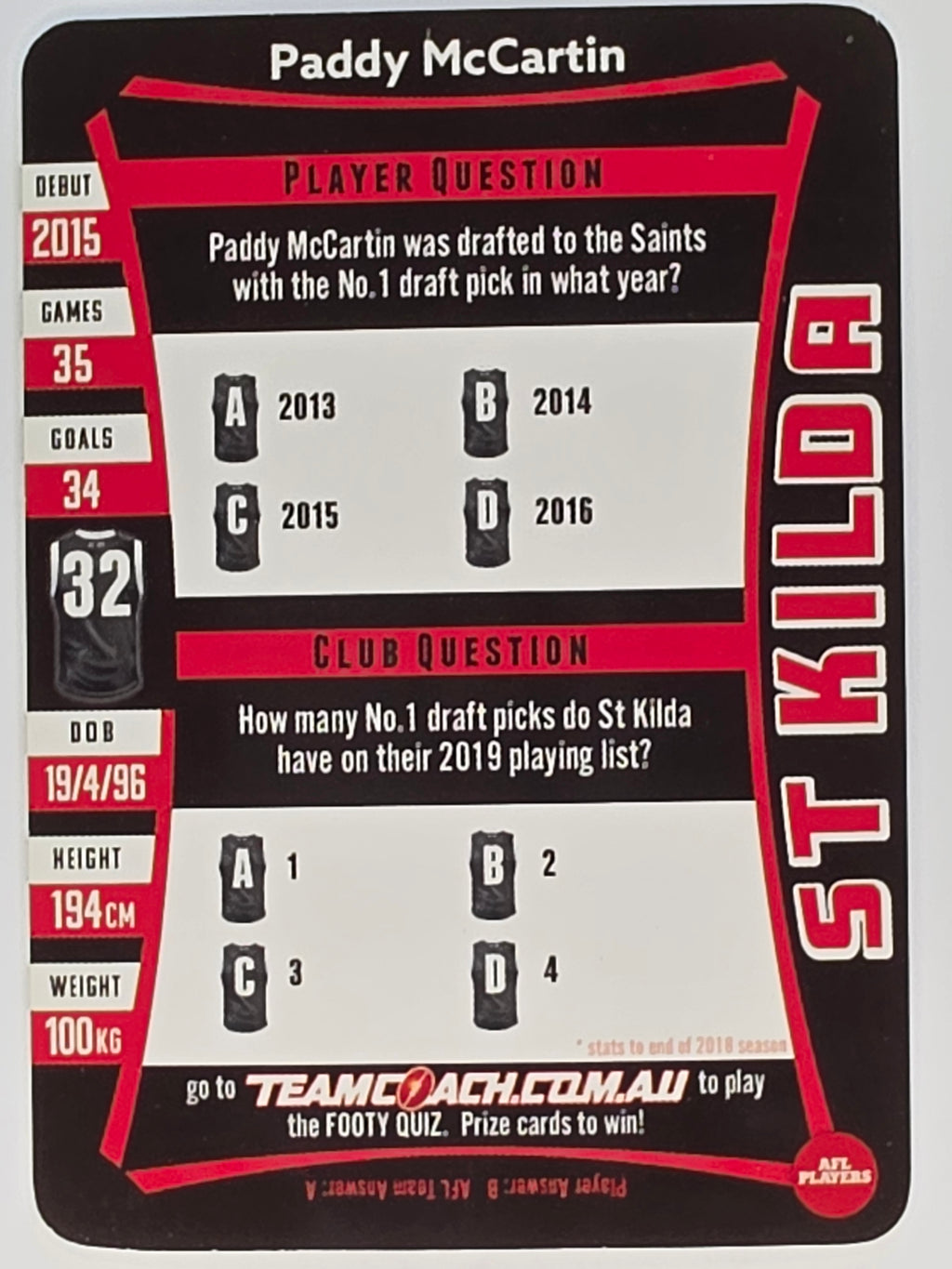 AFL 2019 TeamCoach Silver Parallel #204 Paddy McCartin St. Kilda Saints