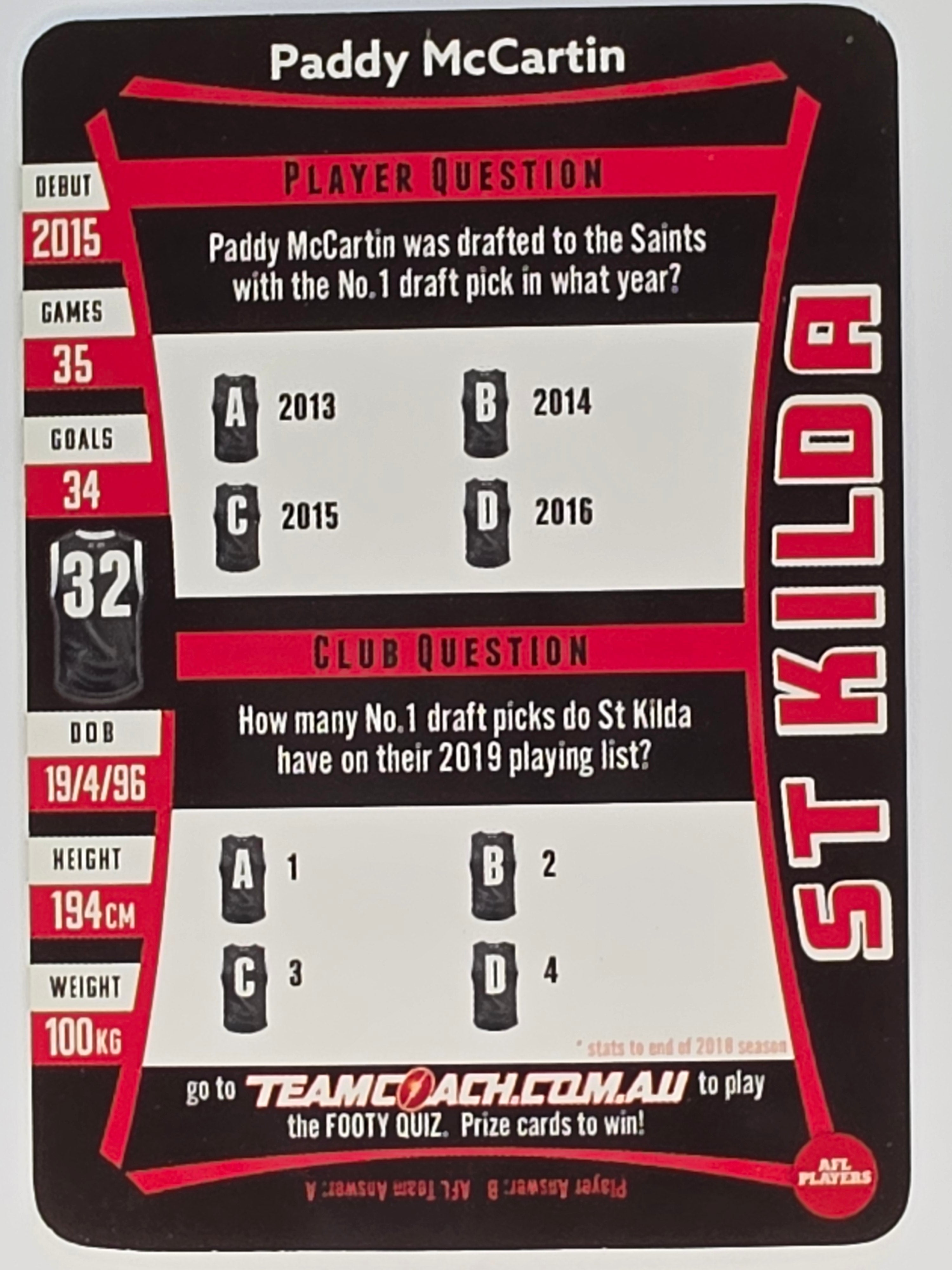 AFL 2019 TeamCoach Silver Parallel #204 Paddy McCartin St. Kilda Saints