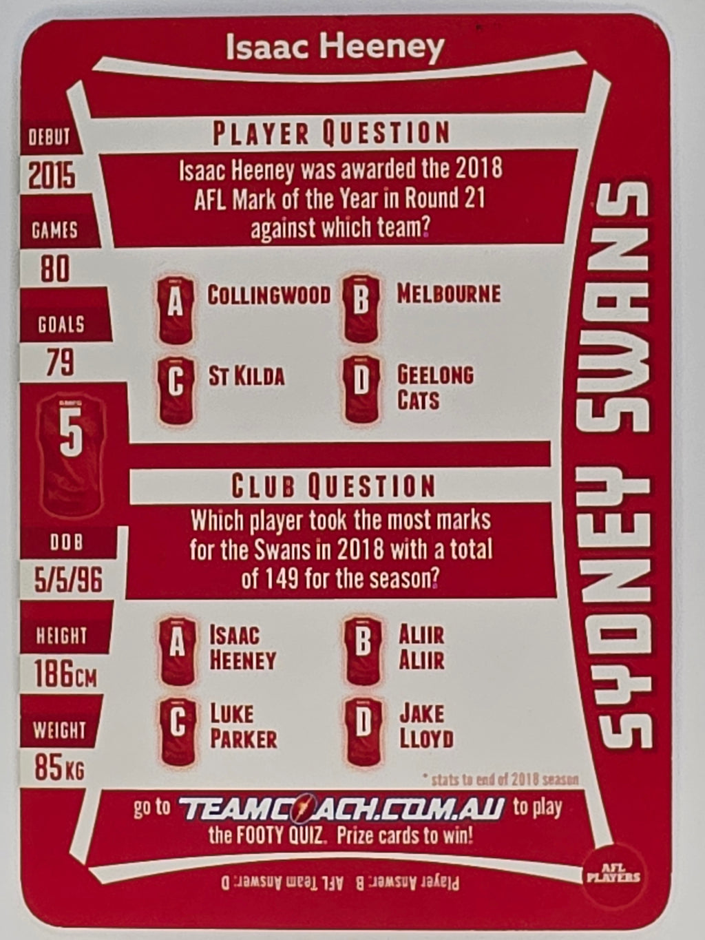 AFL 2019 TeamCoach Silver Parallel #208 Isaac Heeney Sydney Swans