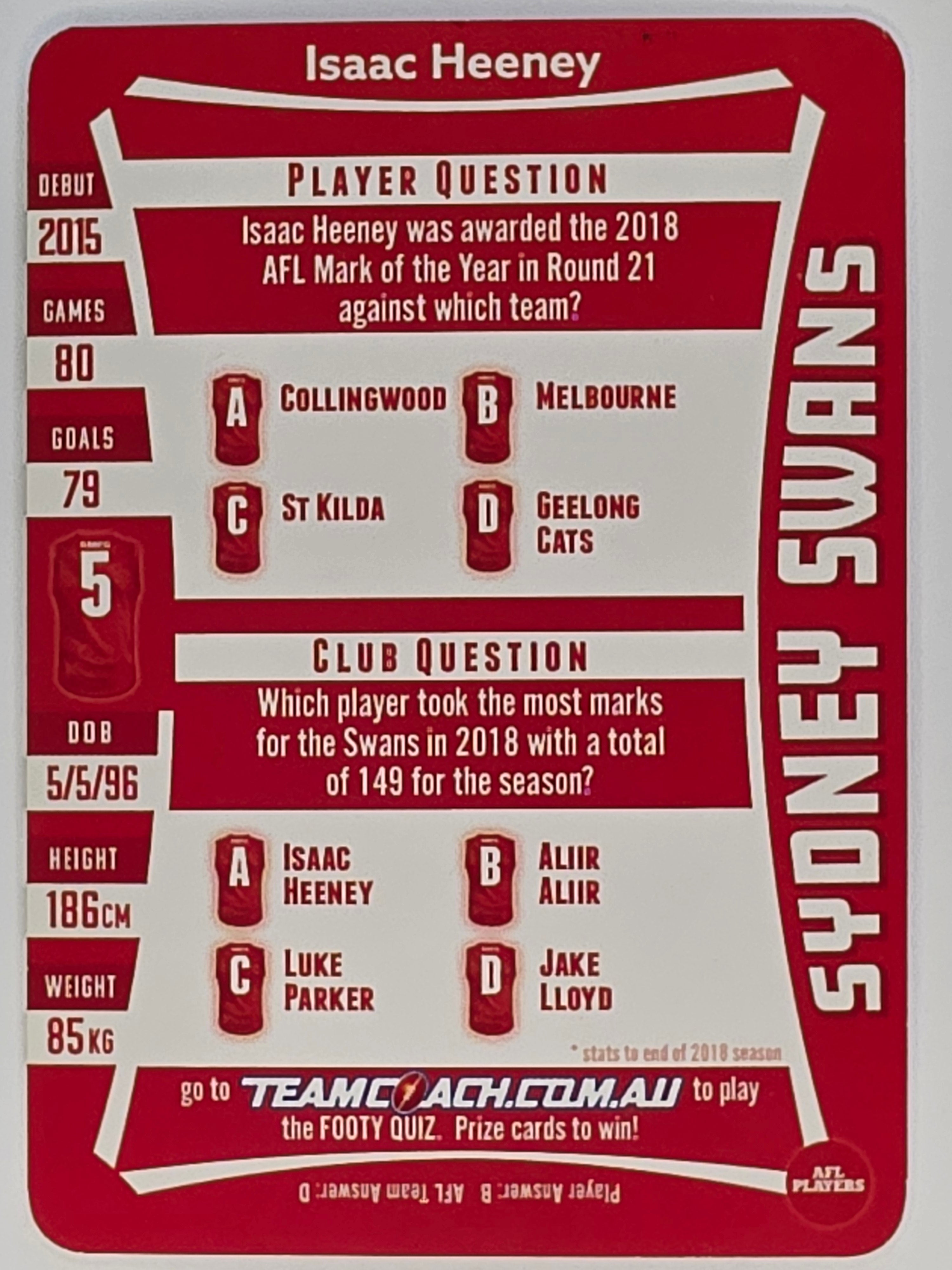 AFL 2019 TeamCoach Silver Parallel #208 Isaac Heeney Sydney Swans