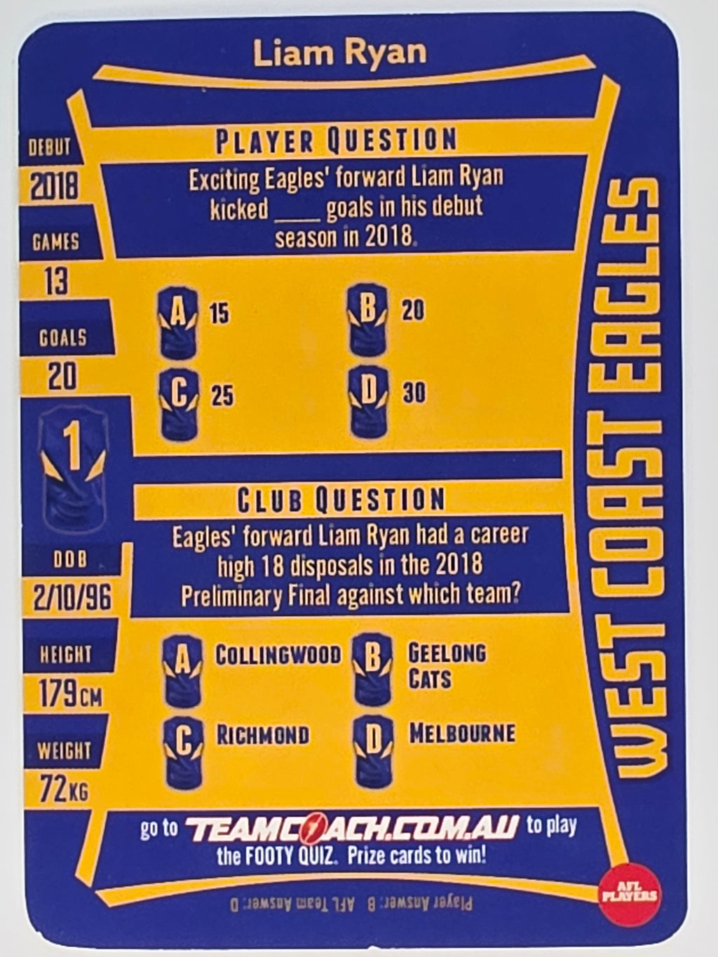AFL 2019 TeamCoach Silver Parallel #213 Liam Ryan West Coast Eagles
