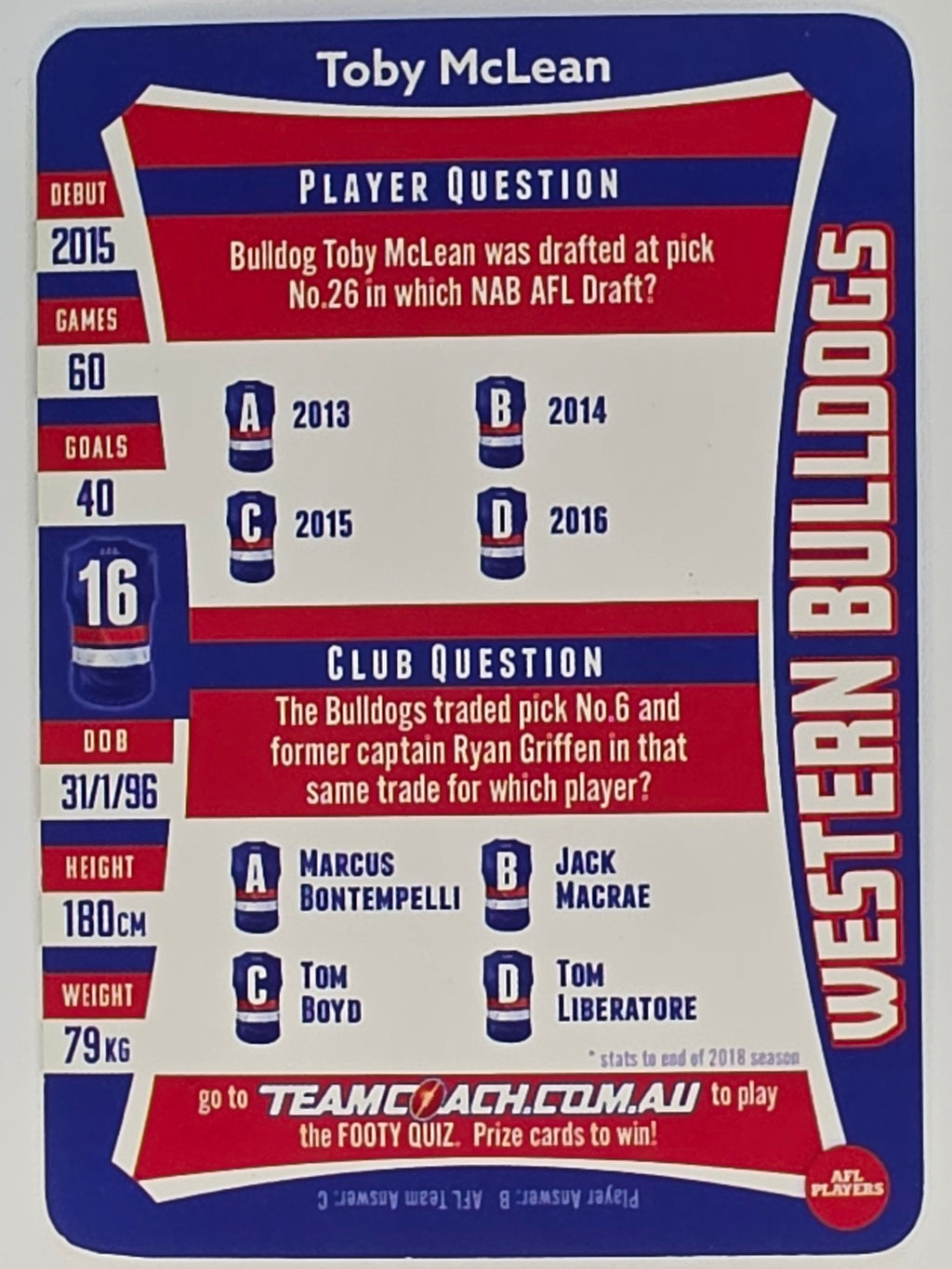 AFL 2019 TeamCoach Silver Parallel #215 Toby McLean Western Bulldogs