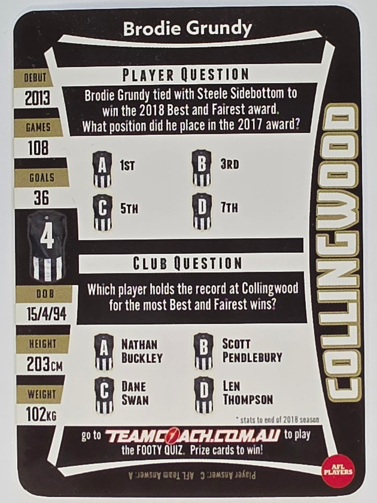AFL 2019 TeamCoach Silver Parallel #220 Brodie Grundy Collingwood Magpies