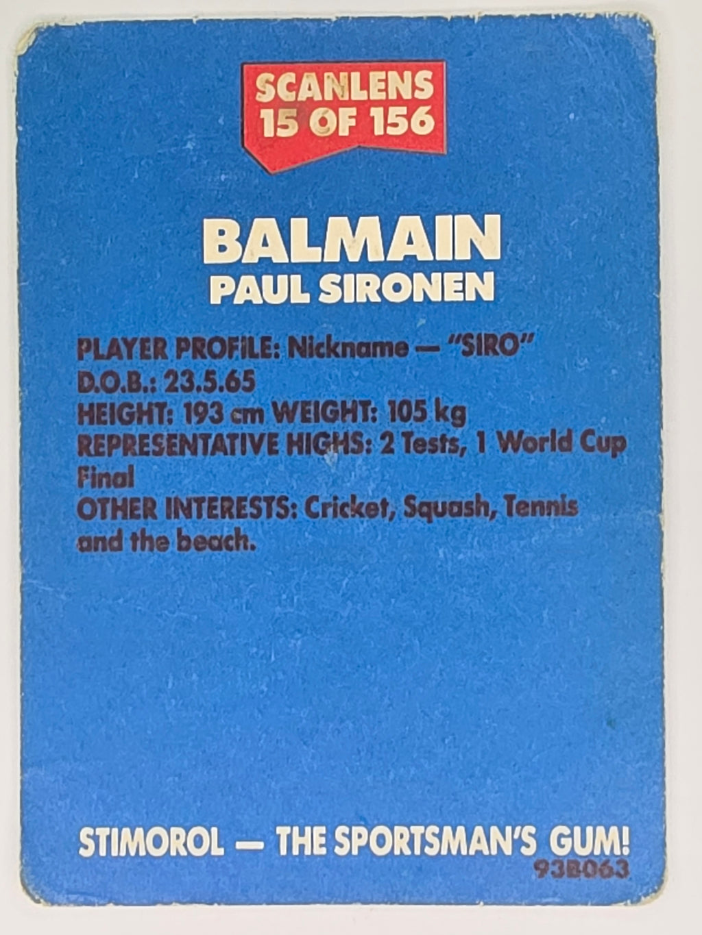 NRL 1989 Scanlens | #15 Paul Sironen | Balmain Tigers