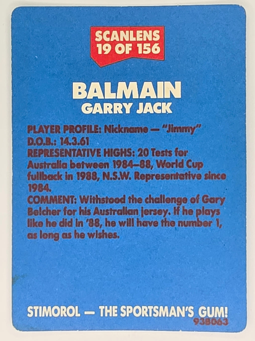 NRL 1989 Scanlens | #19 Garry Jack | Balmain Tigers