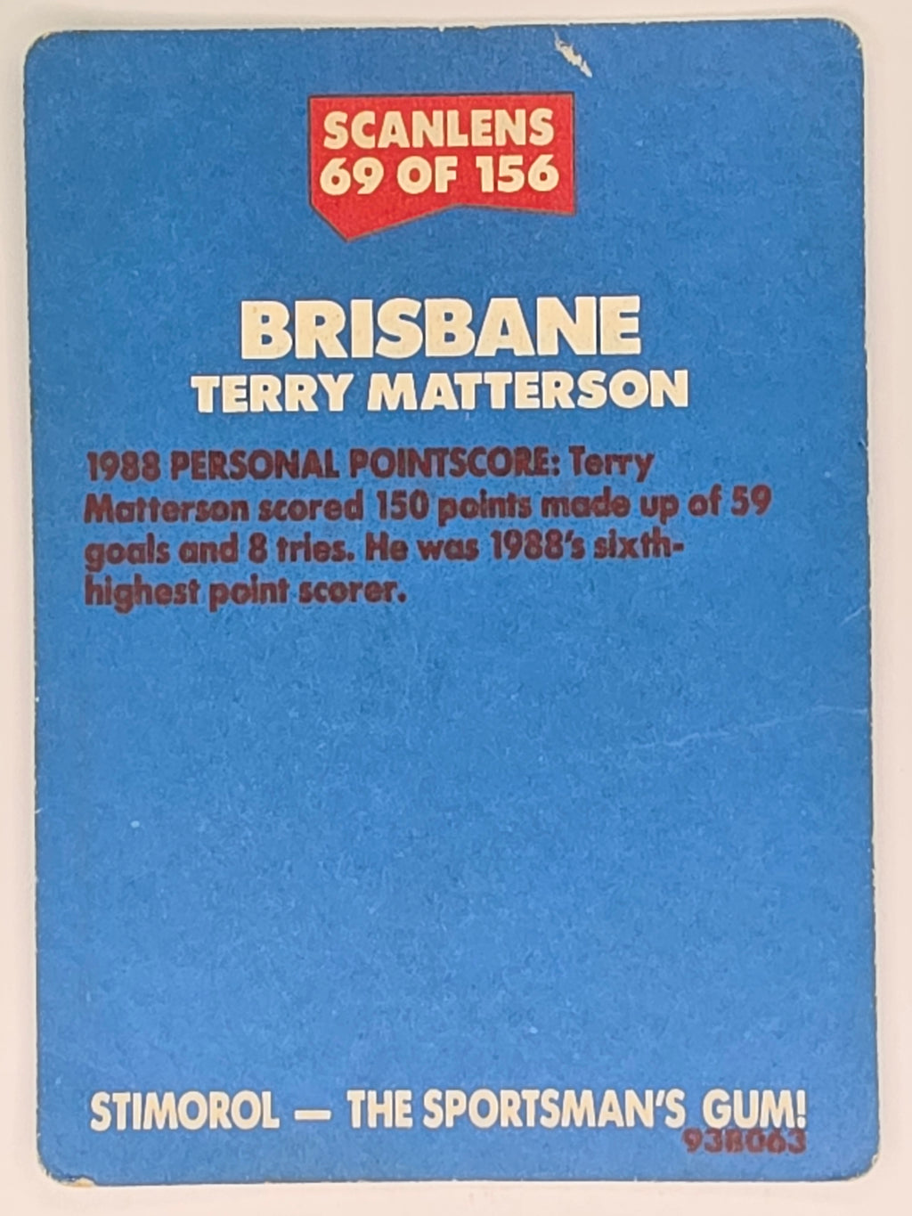 NRL 1989 Scanlens | #69 Terry Matterson | Brisbane Broncos