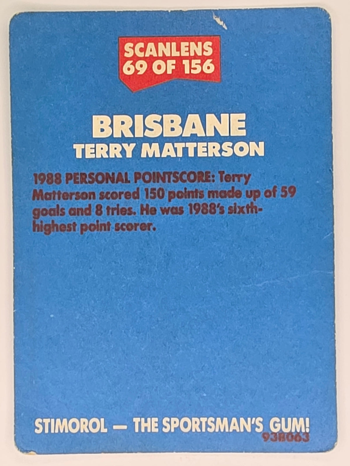 NRL 1989 Scanlens | #69 Terry Matterson | Brisbane Broncos