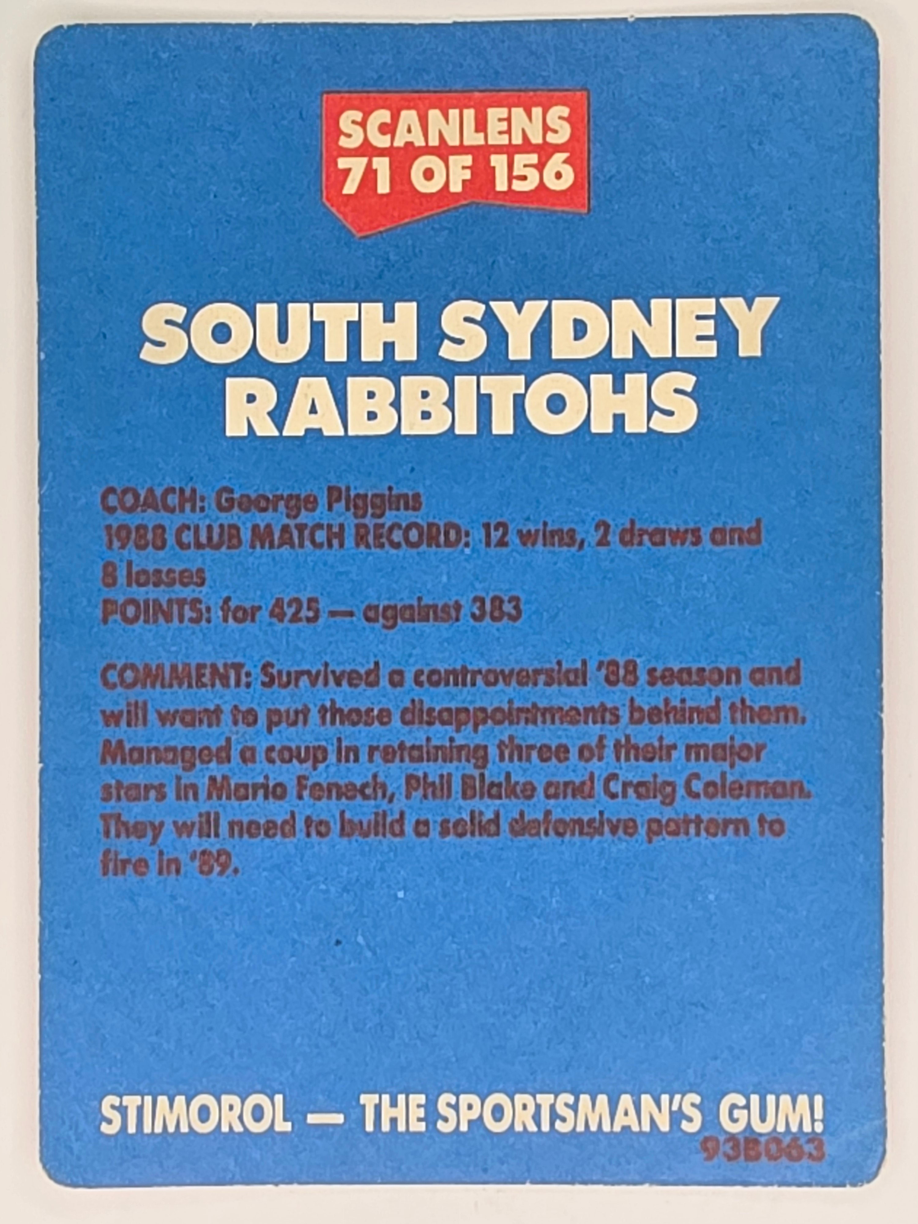 NRL 1989 Scanlens | #71 South Sydney Rabbitohs Logo