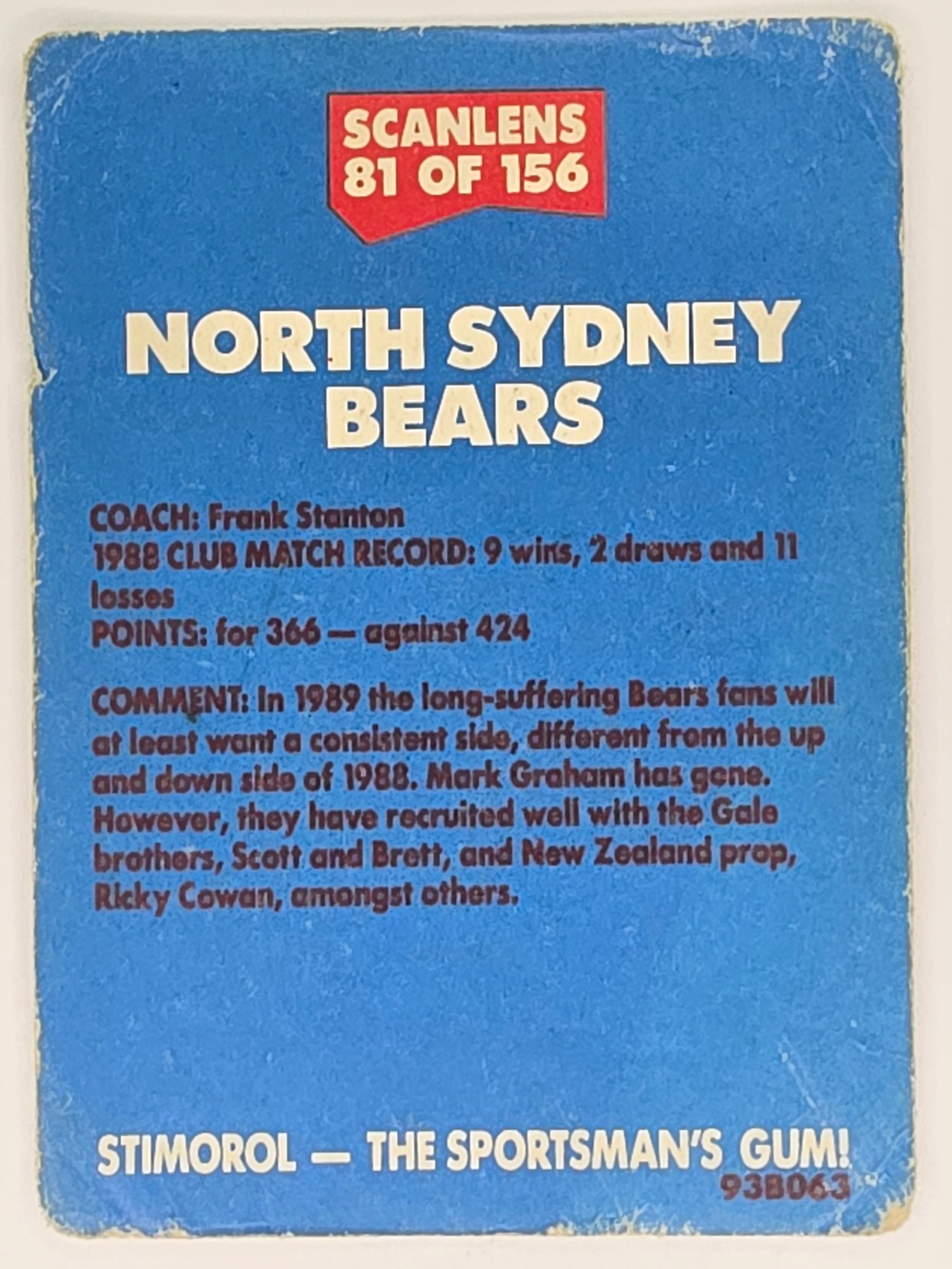 NRL 1989 Scanlens | #81 North Sydney Bears Logo