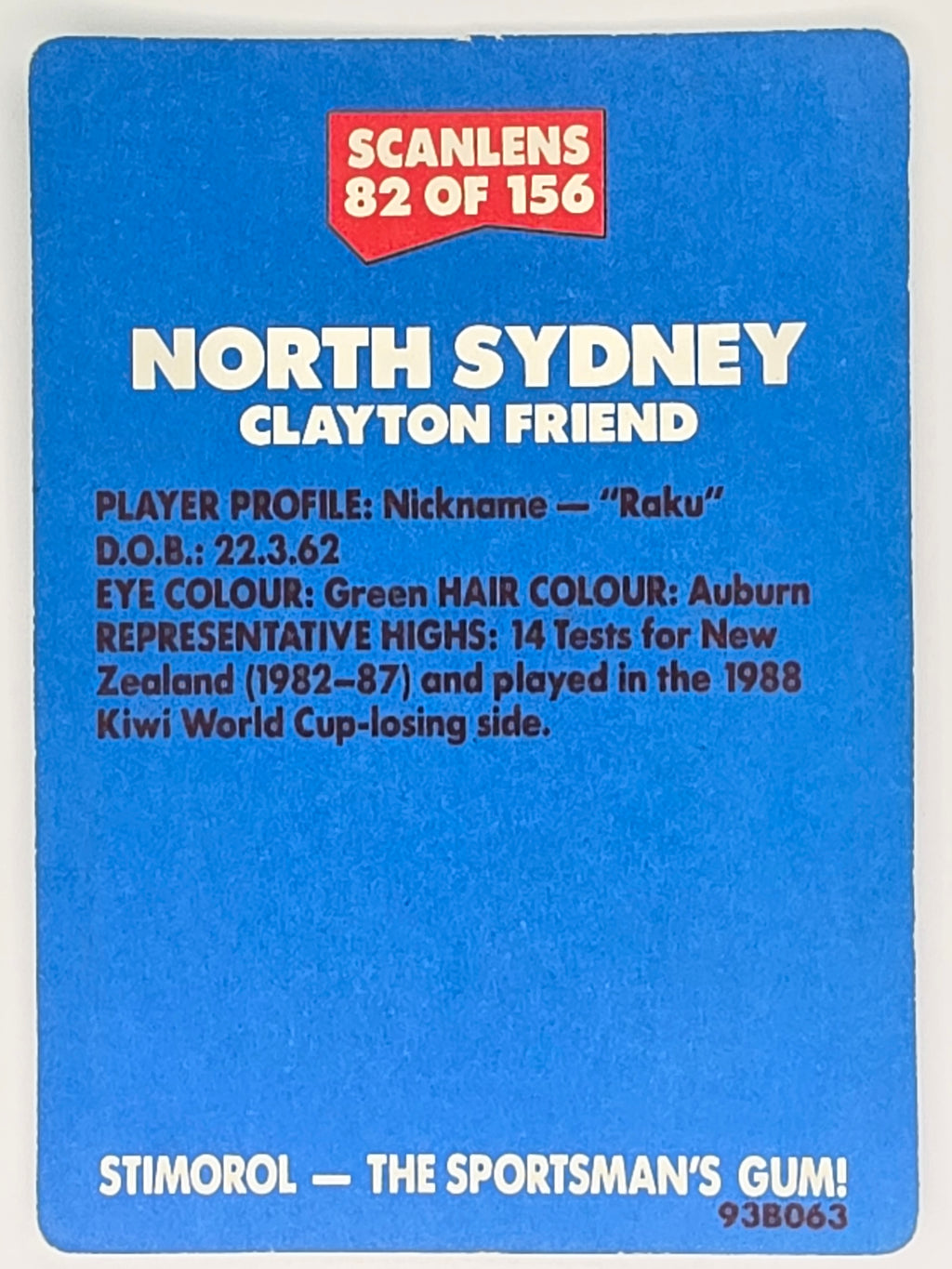 NRL 1989 Scanlens | #82 Clayton Friend | North Sydney Bears