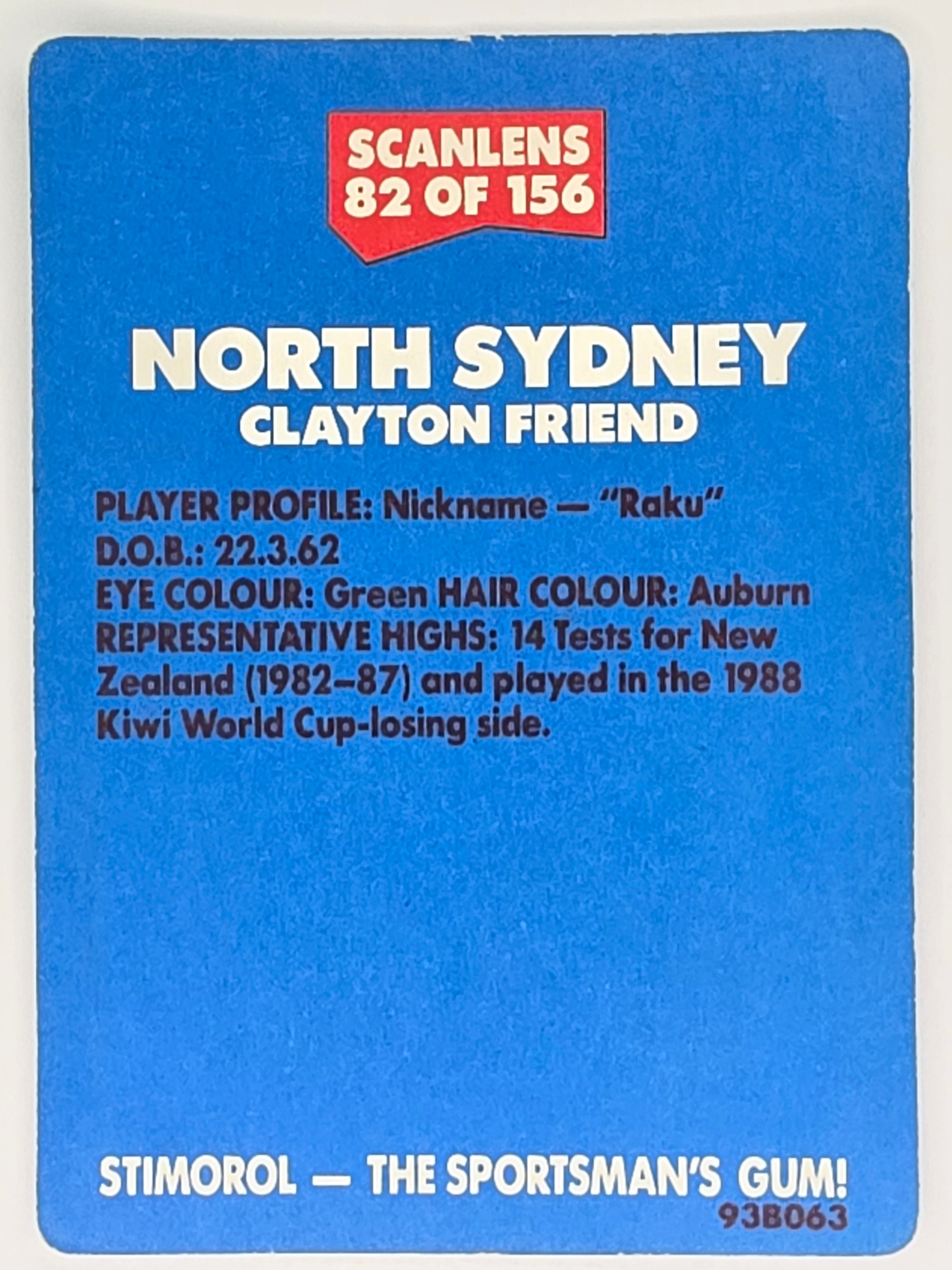 NRL 1989 Scanlens | #82 Clayton Friend | North Sydney Bears