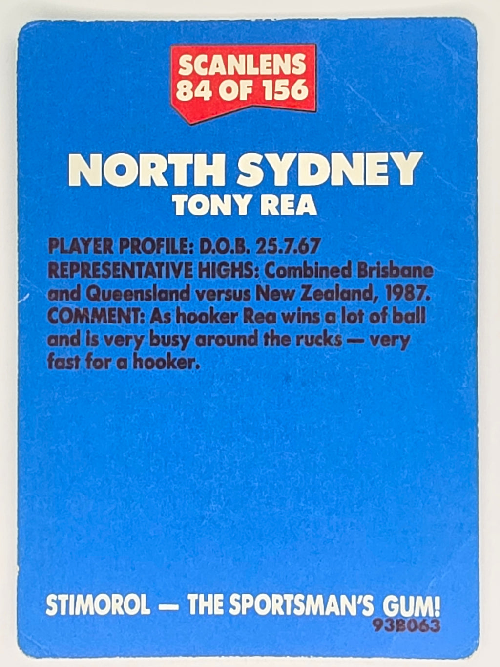 NRL 1989 Scanlens | #84 Tony Rea | North Sydney Bears
