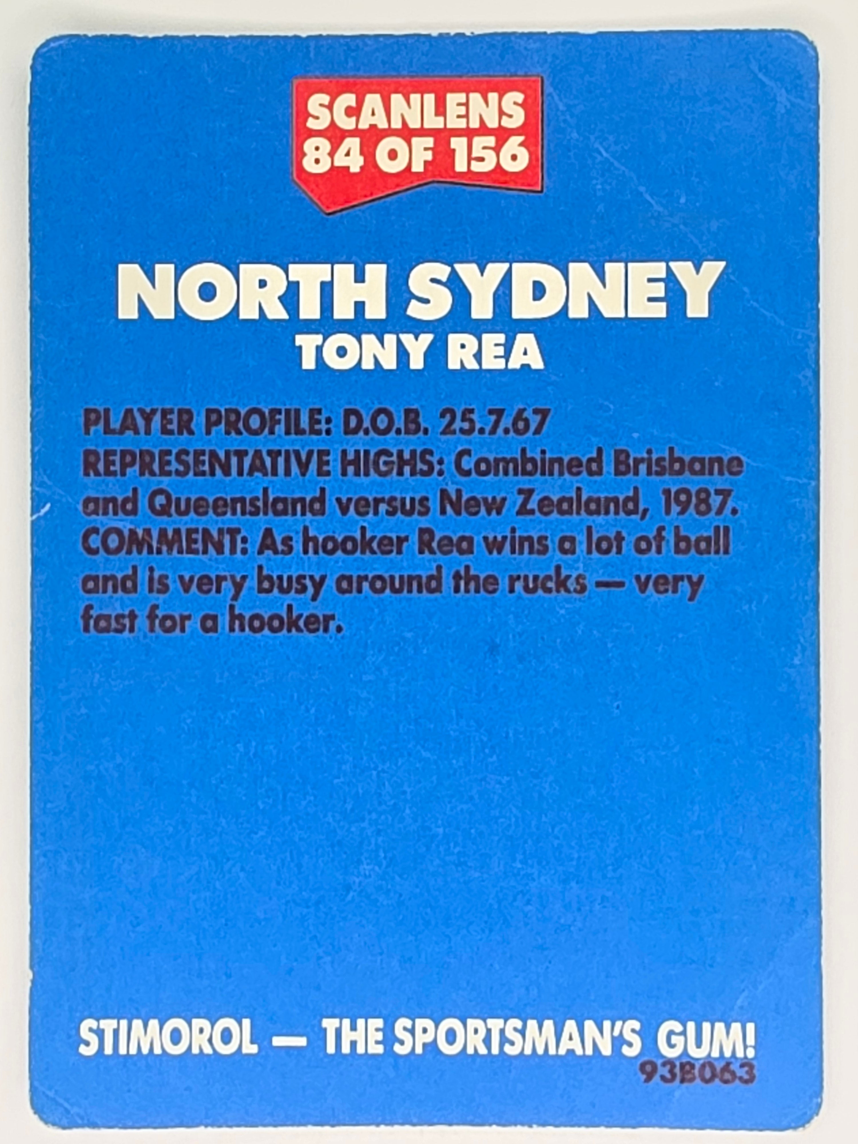 NRL 1989 Scanlens | #84 Tony Rea | North Sydney Bears