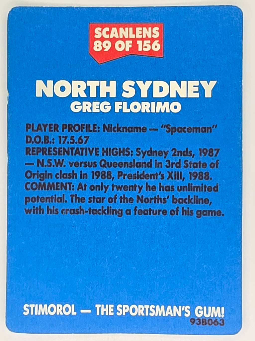 NRL 1989 Scanlens | #89 Greg Florimo | North Sydney Bears