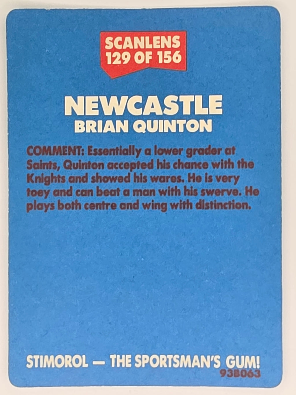 NRL 1989 Scanlens | #129 Brian Quinton | Newcastle Knights