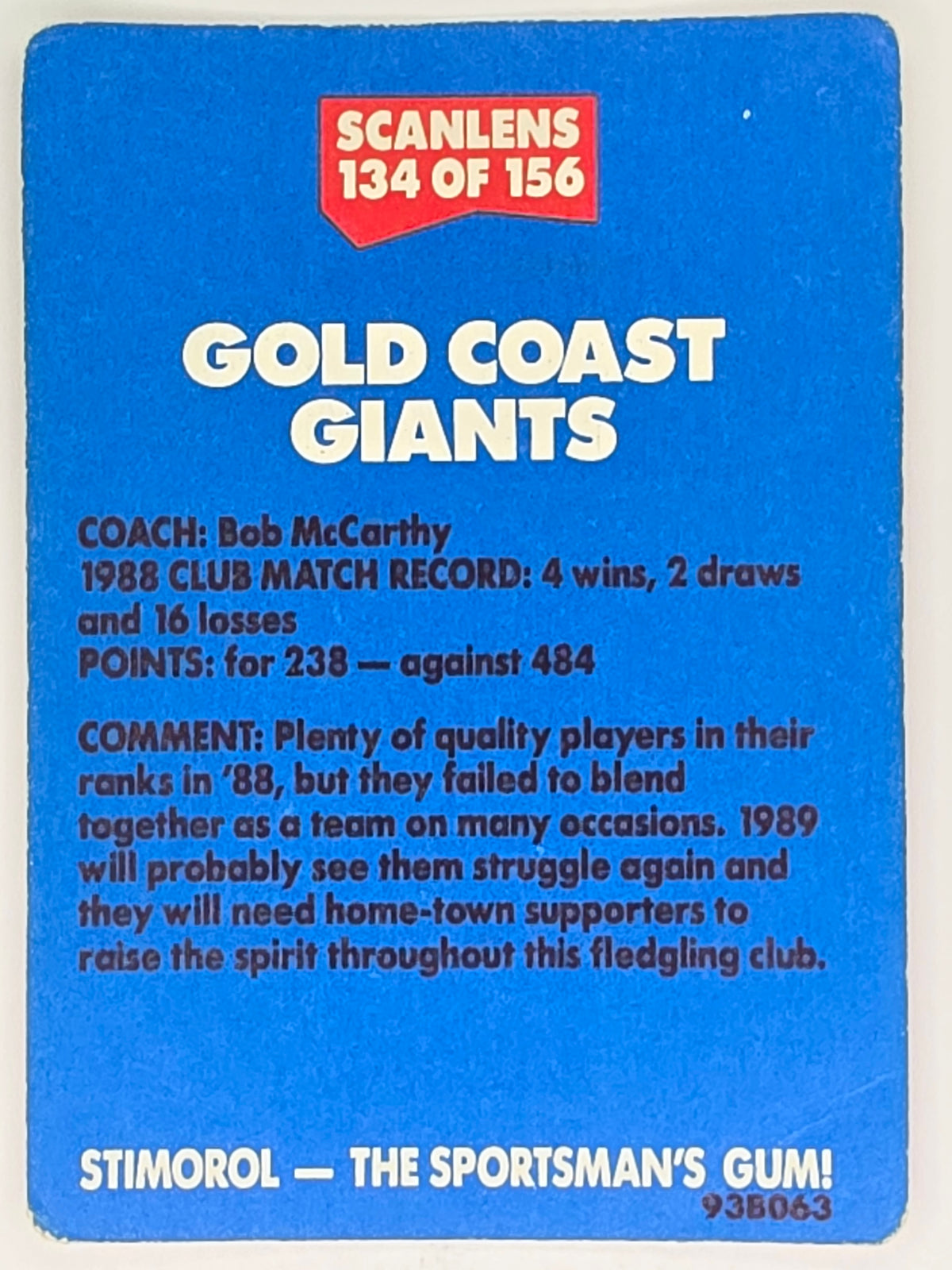 NRL 1989 Scanlens | #134 Gold Coast Giants Logo