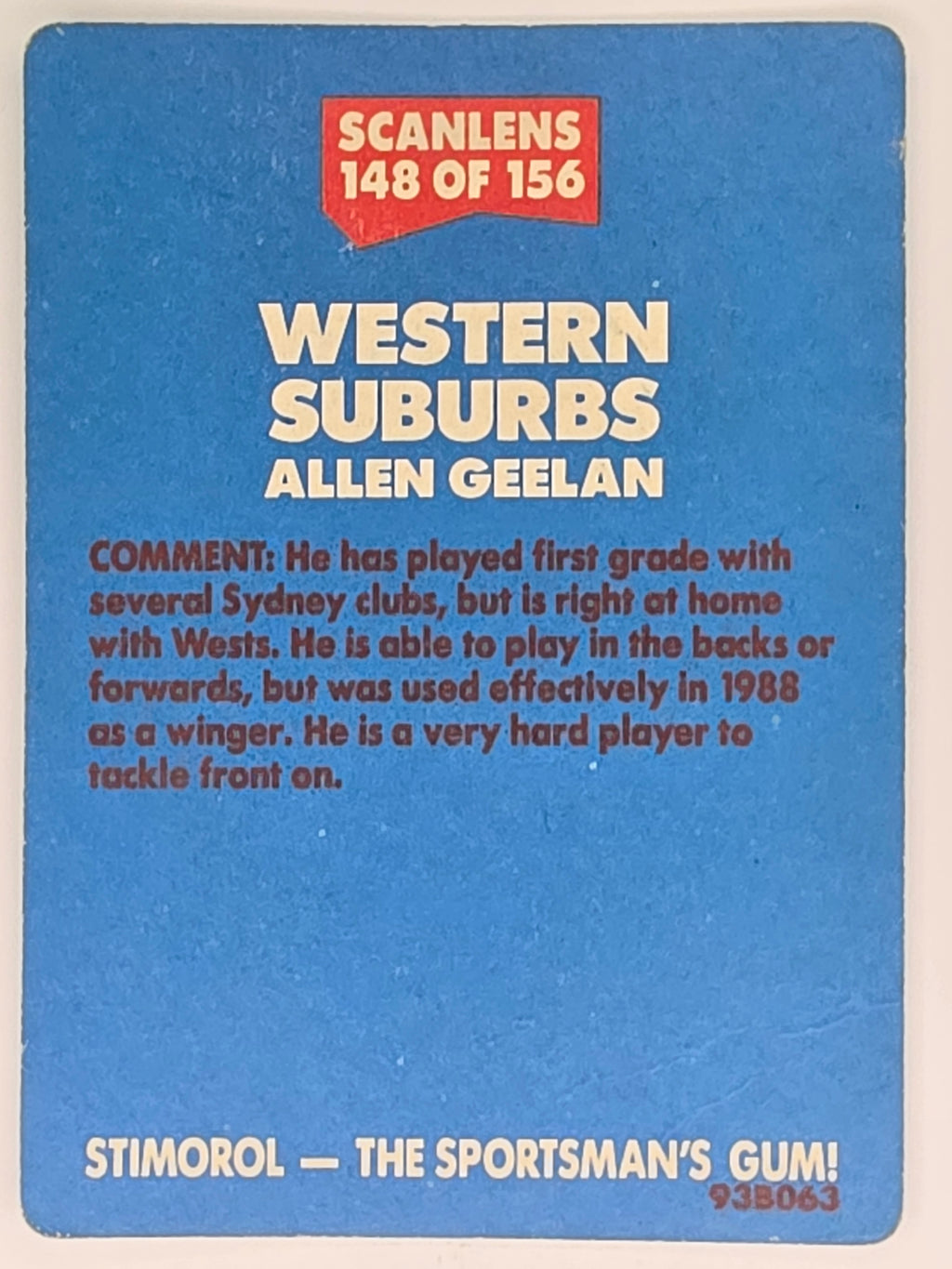 NRL 1989 Scanlens | #148 Allen Geelan | Western Suburbs Magpies