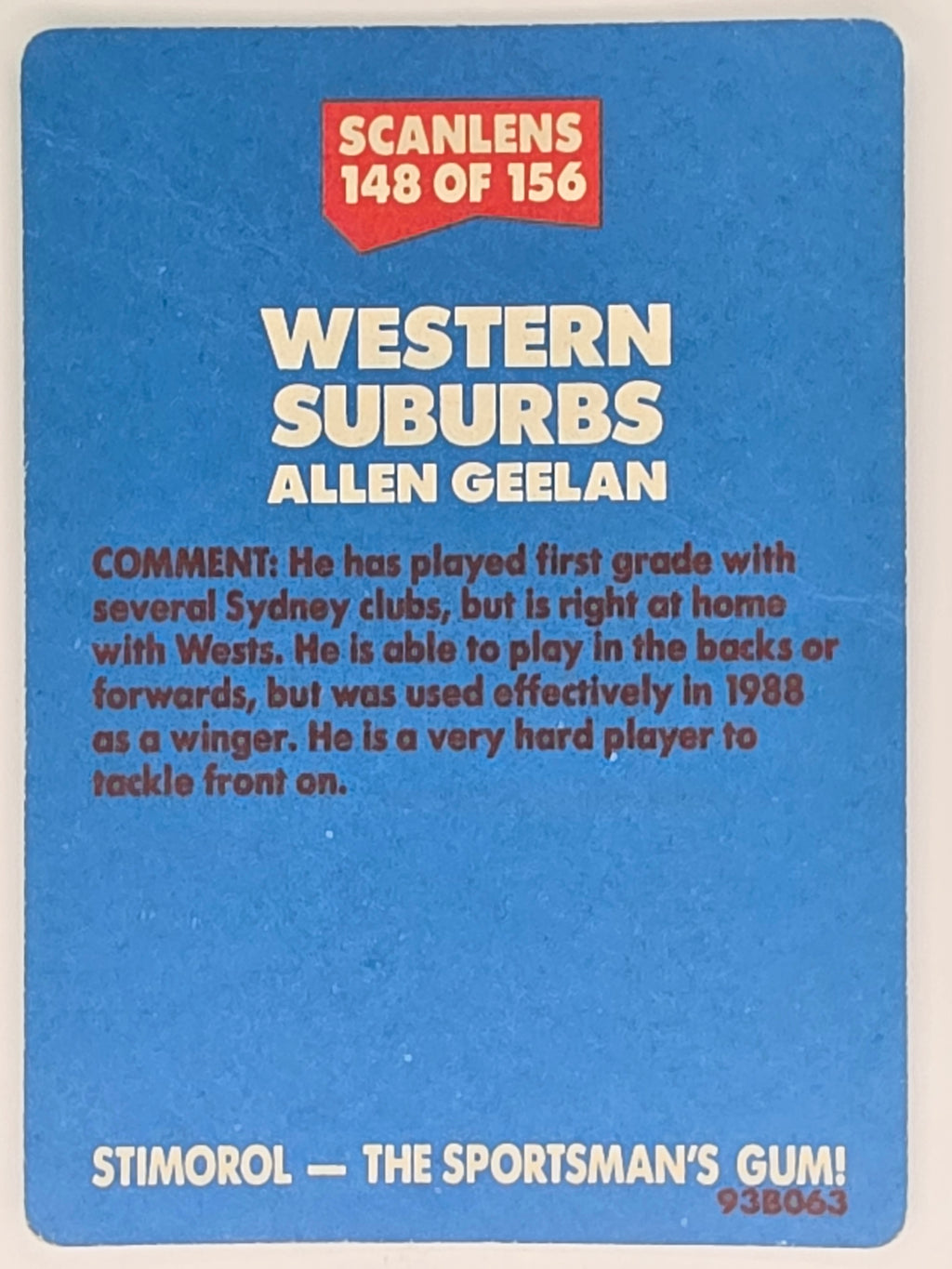 NRL 1989 Scanlens | #148 Allen Geelan | Western Suburbs Magpies (a)