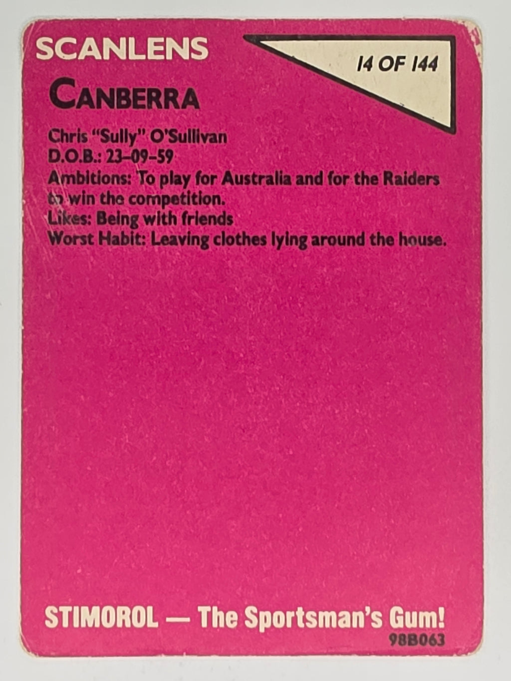 NRL 1988 Scanlens #14 Chris O'Sullivan Canberra Raiders