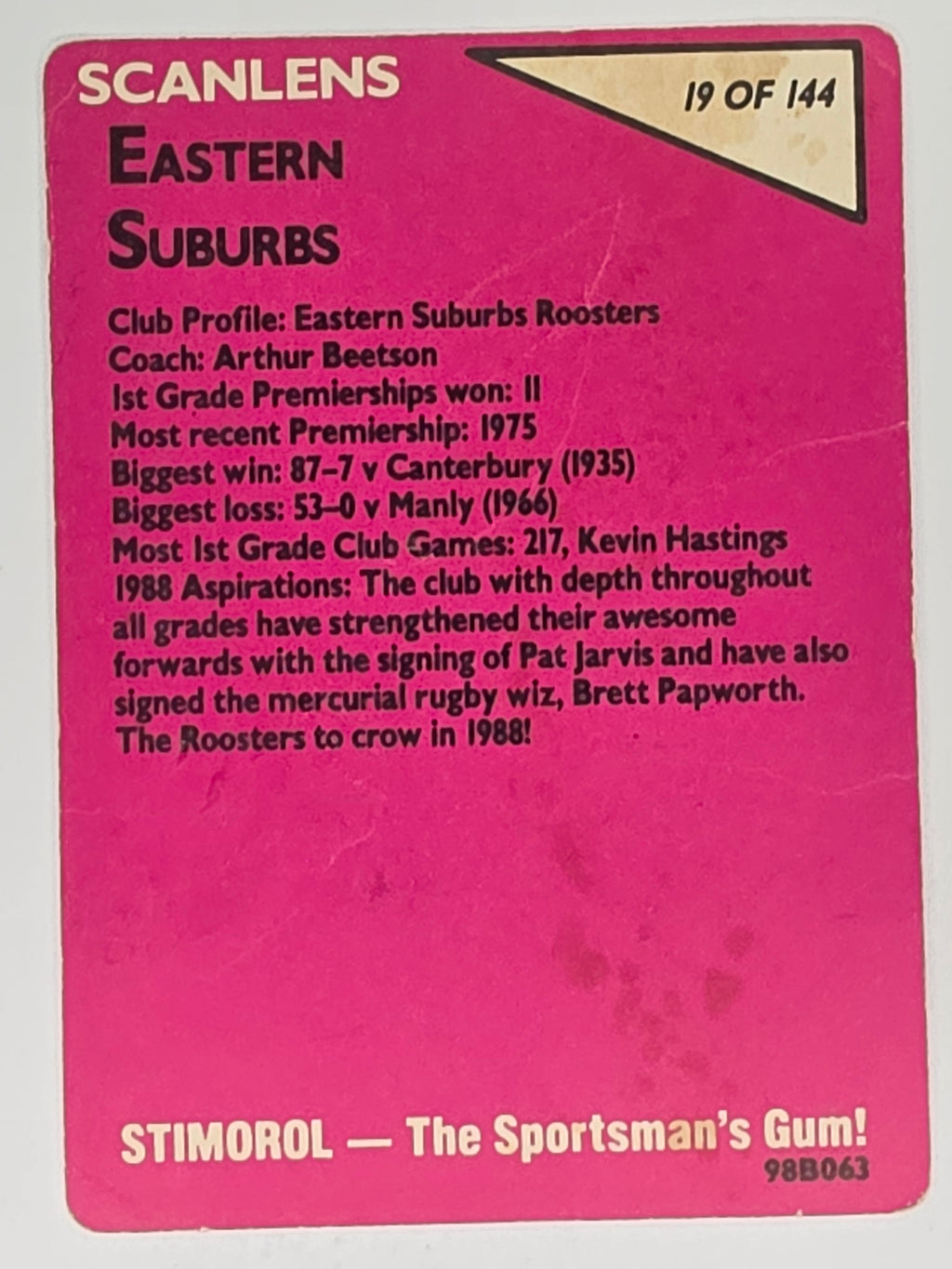 NRL 1988 Scanlens #19 Eastern Suburbs Roosters Logo