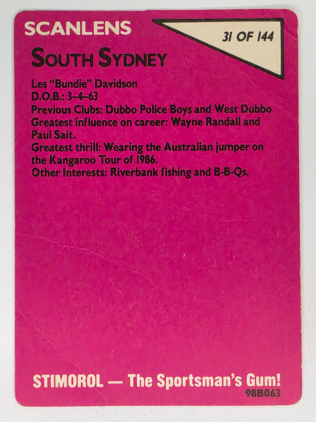 NRL 1988 Scanlens #31 Les Davidson South Sydney Rabbitohs
