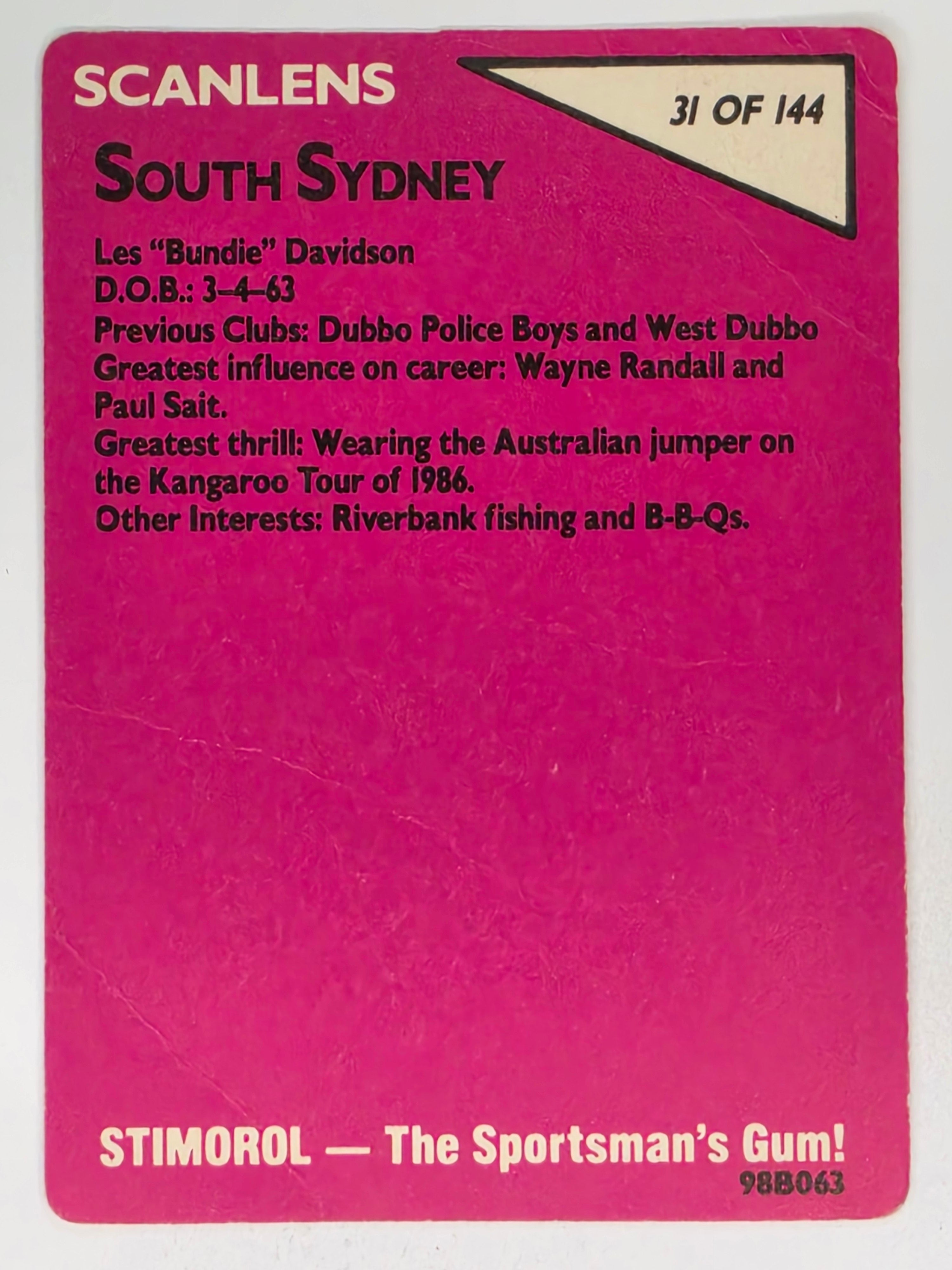 NRL 1988 Scanlens #31 Les Davidson South Sydney Rabbitohs