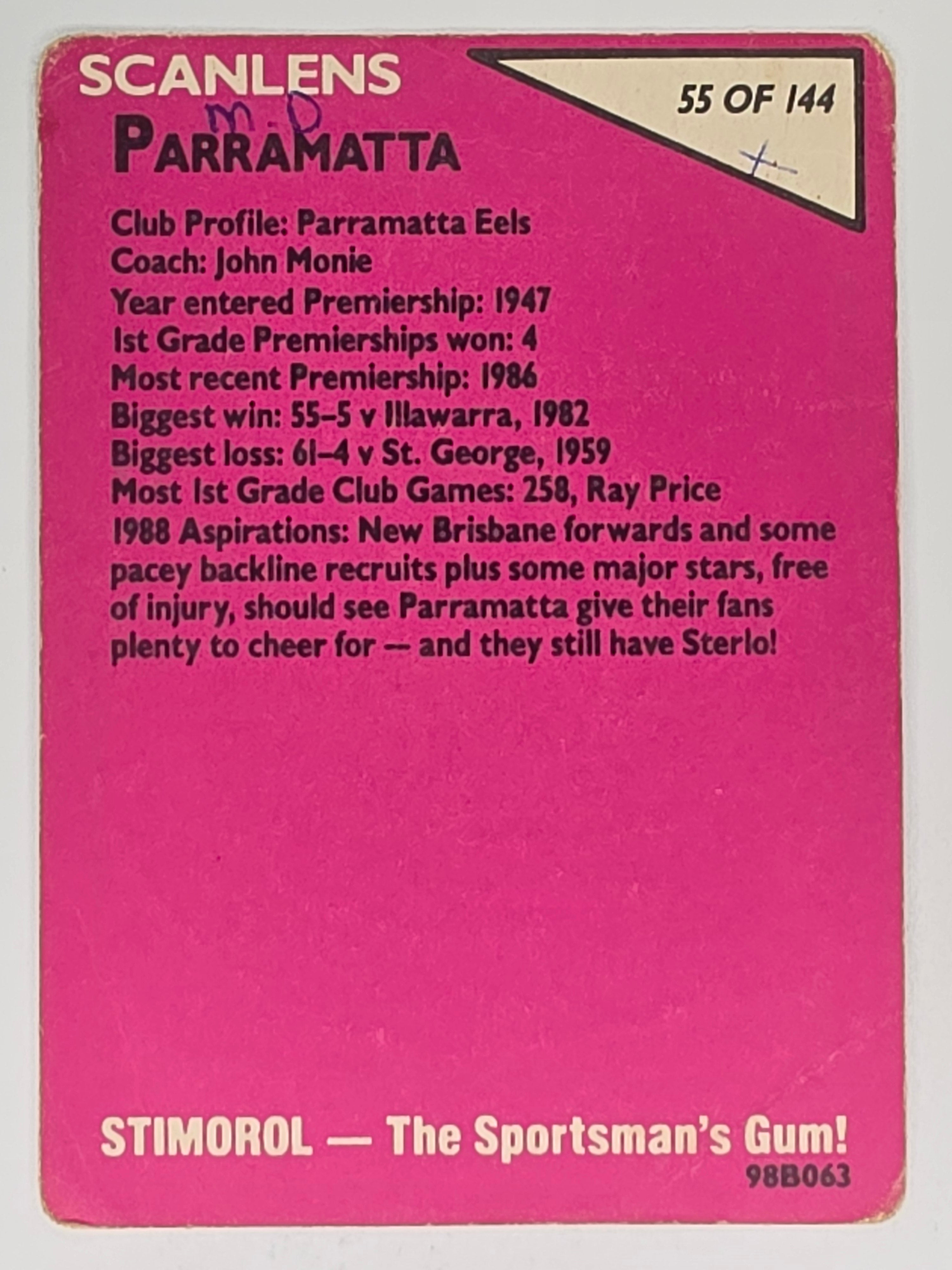 NRL 1988 Scanlens #55 Parramatta Eels Logo