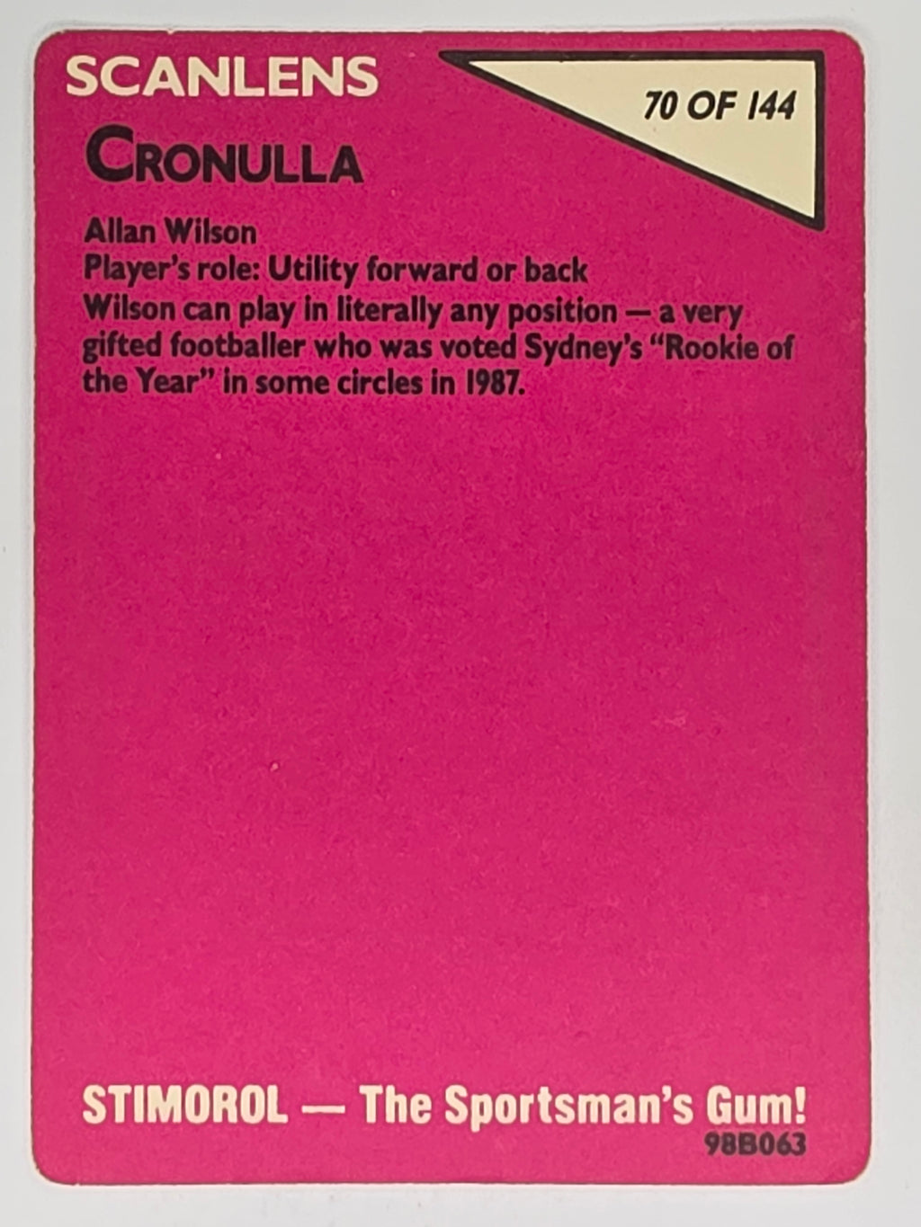 NRL 1988 Scanlens #70 Allan Wilson Cronulla Sharks