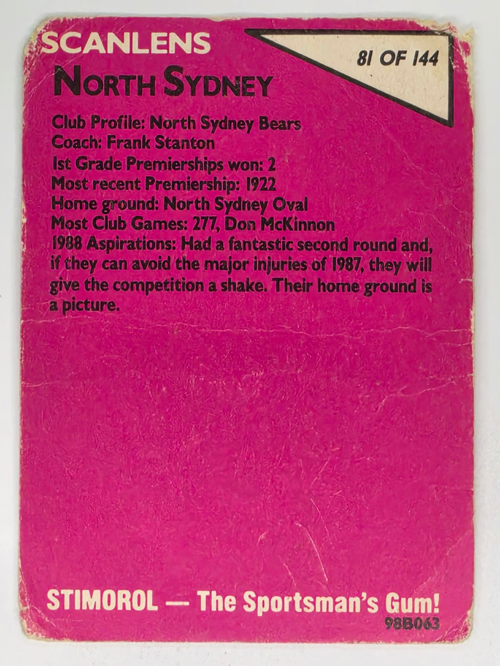 NRL 1988 Scanlens #81 North Sydney Bears Logo