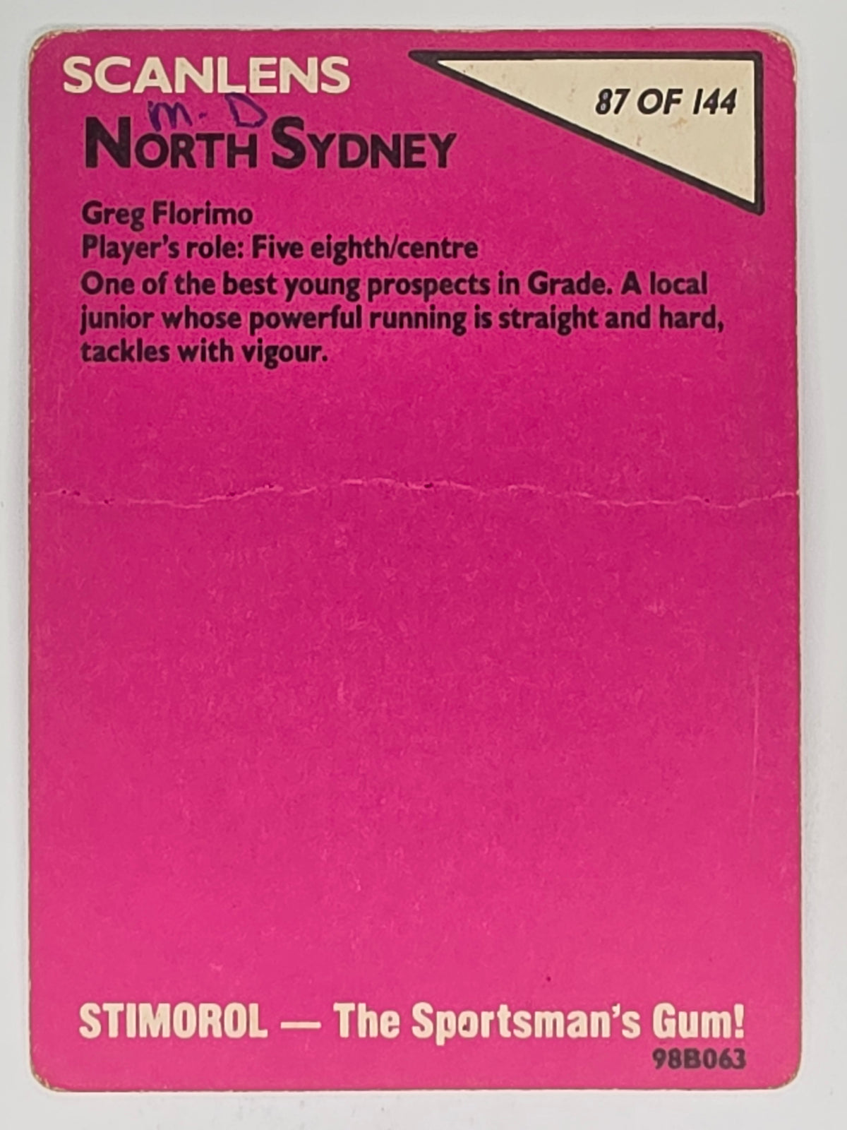 NRL 1988 Scanlens #87 Greg Florimo North Sydney Bears