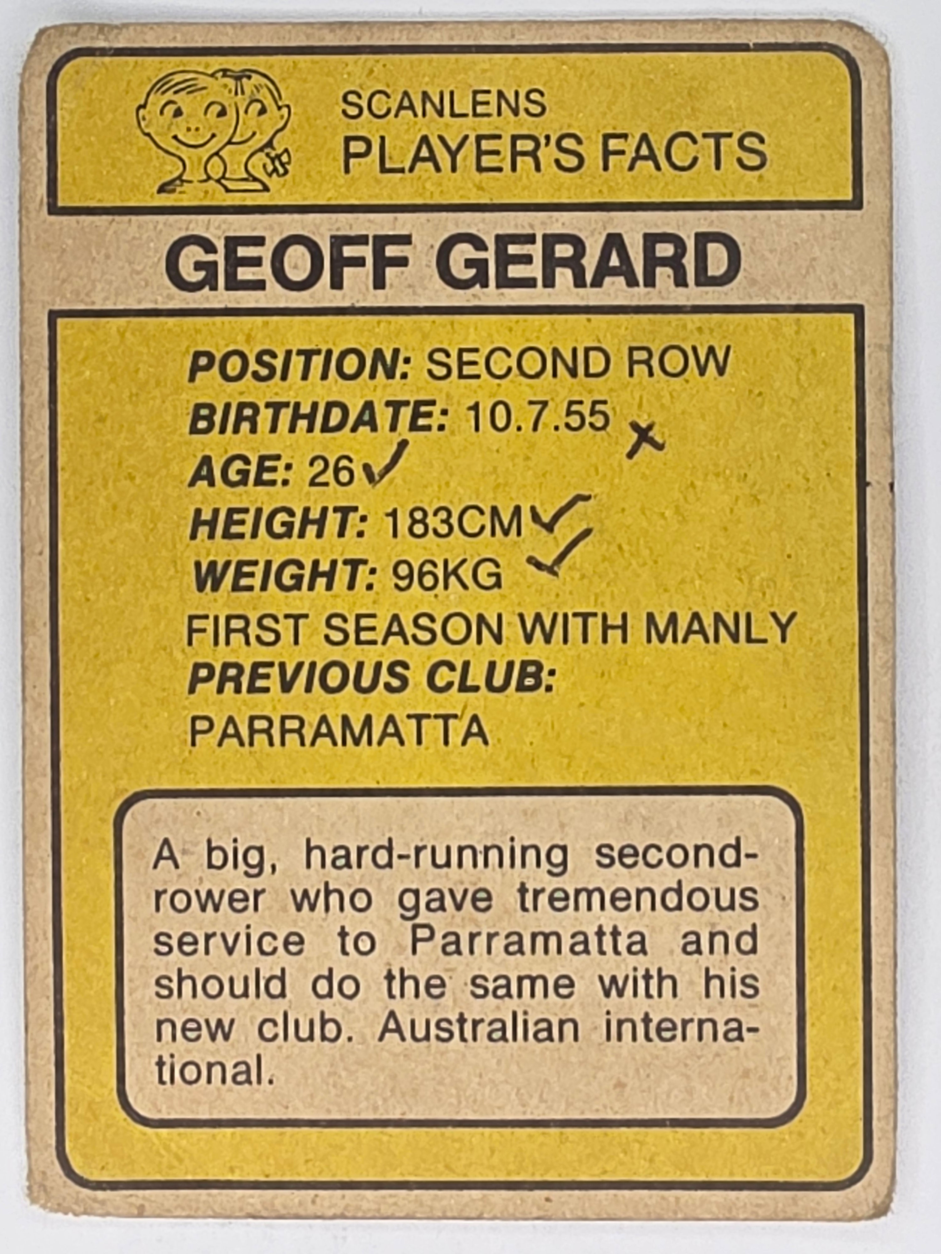 NRL 1981 Scanlens Rugby League #005 Geoff Gerard Manly Sea Eagles