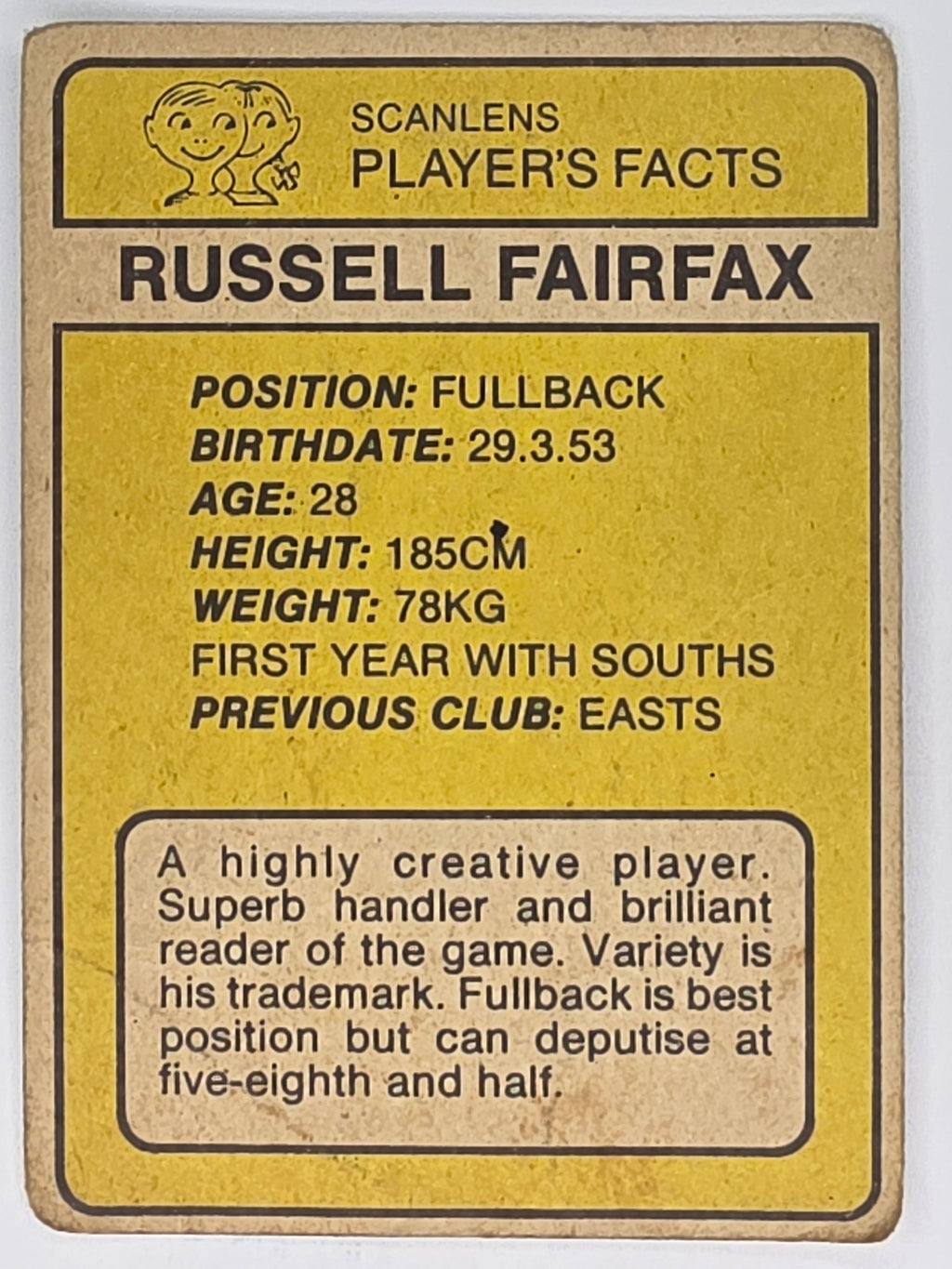 NRL 1981 Scanlens Rugby League #043 Russell Fairfax South Sydney Rabbitohs