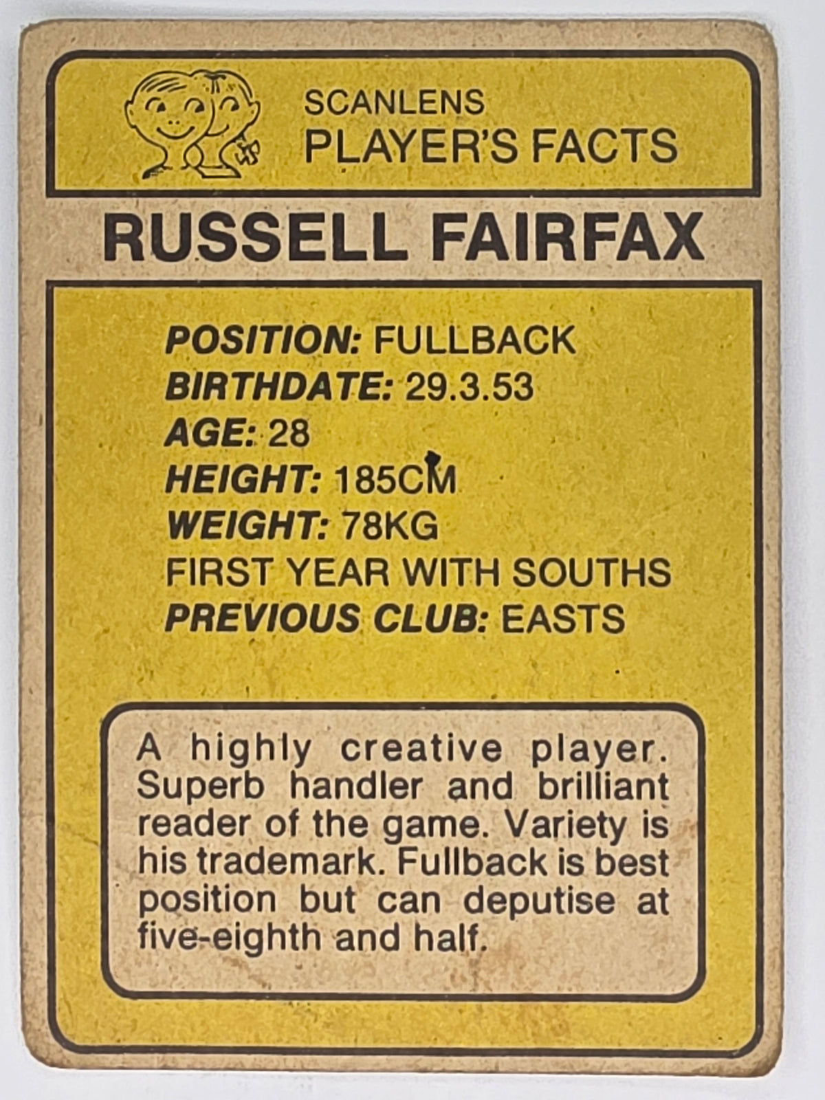 NRL 1981 Scanlens Rugby League #043 Russell Fairfax South Sydney Rabbitohs