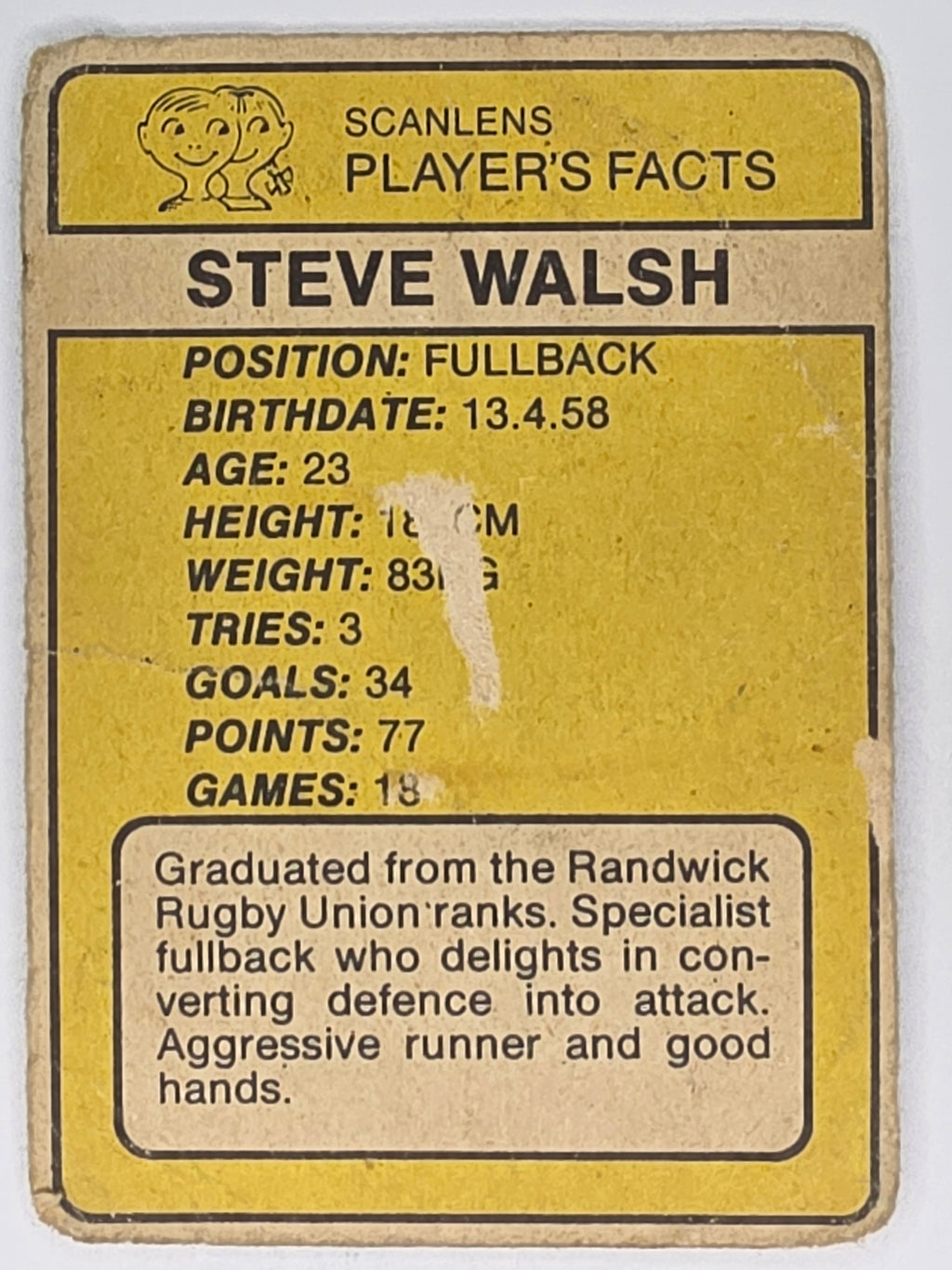 NRL 1981 Scanlens Rugby League #044 Steve Walsh South Sydney Rabbitohs (a)