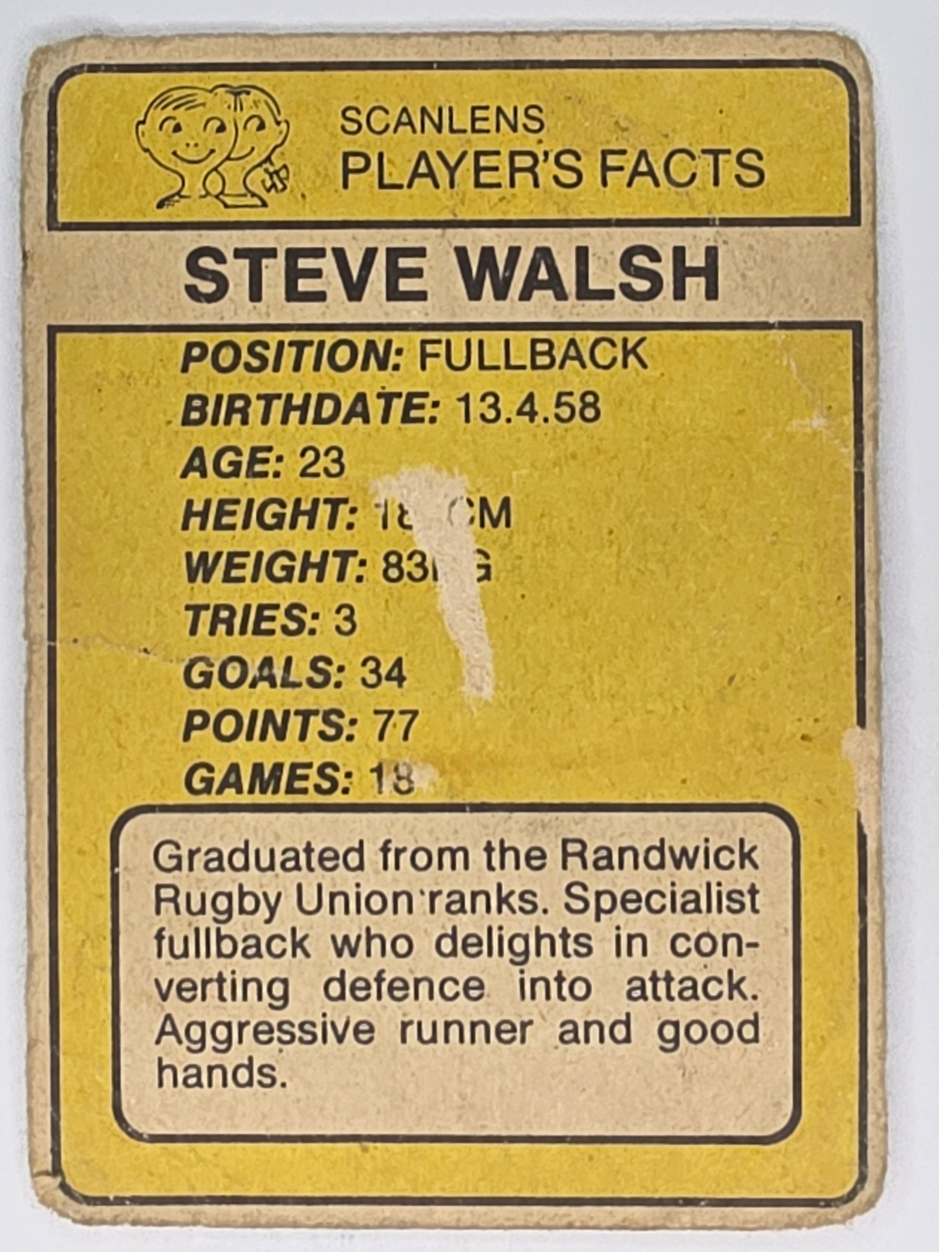 NRL 1981 Scanlens Rugby League #044 Steve Walsh South Sydney Rabbitohs (a)