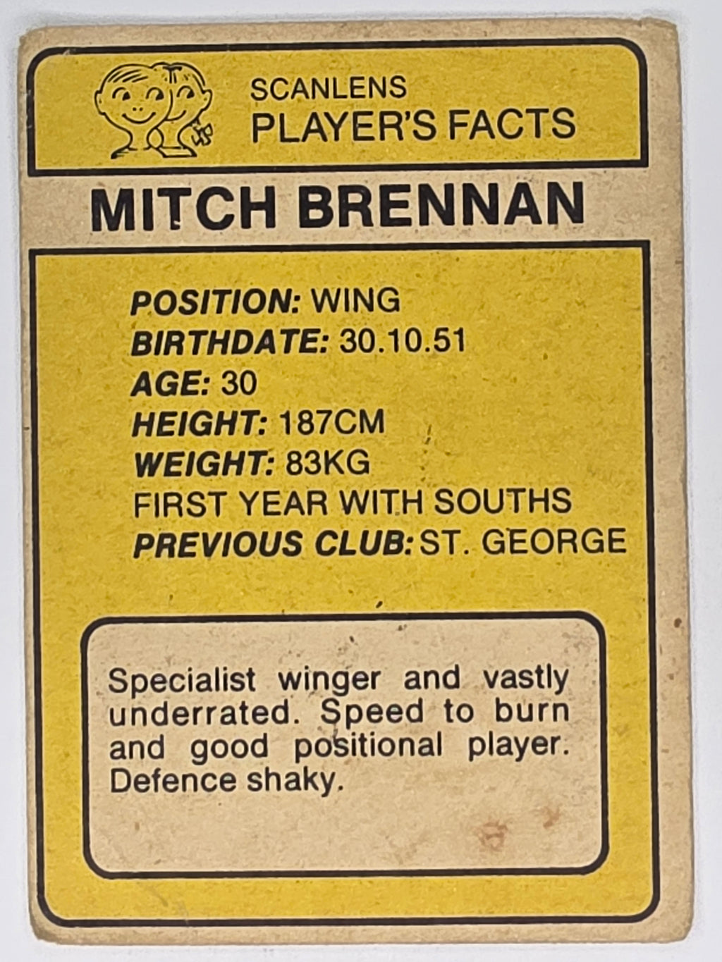 NRL 1981 Scanlens Rugby League #056 Mitch Brennan South Sydney Rabbitohs