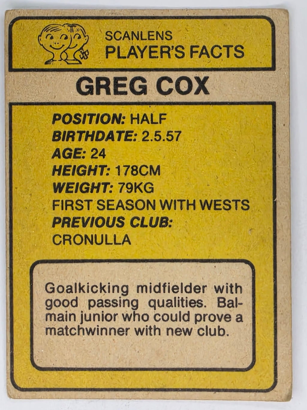 NRL 1981 Scanlens Rugby League #074 Greg Cox Western Suburbs Magpies
