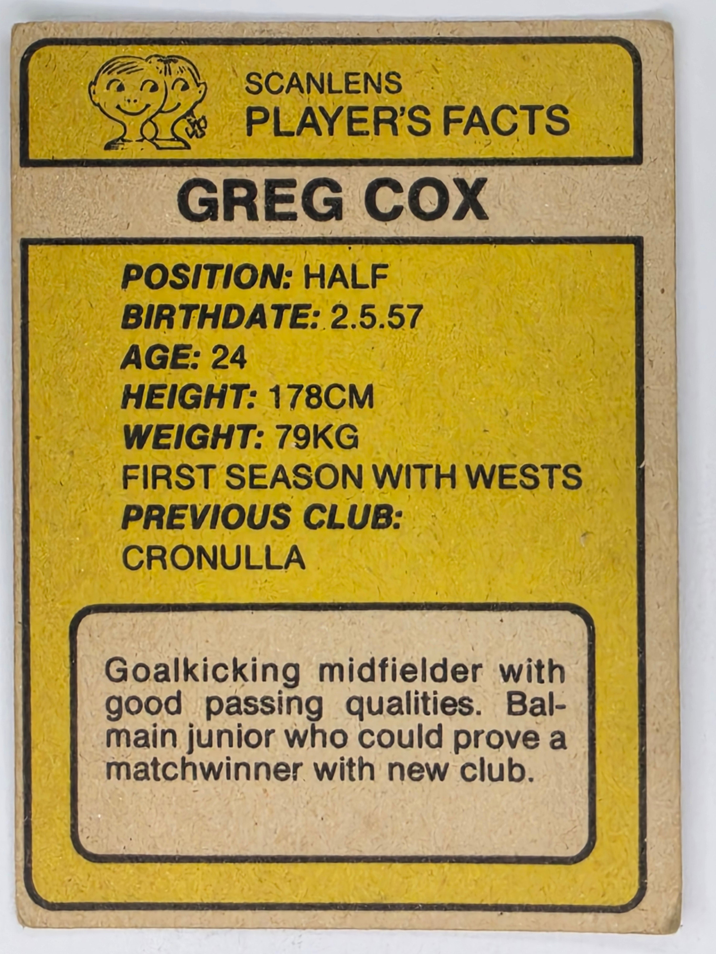 NRL 1981 Scanlens Rugby League #074 Greg Cox Western Suburbs Magpies