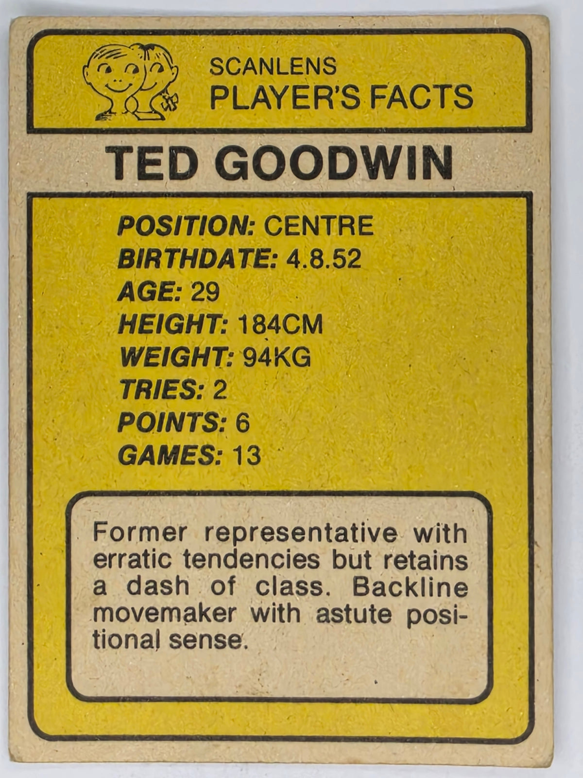 NRL 1981 Scanlens Rugby League #079 Ted Goodwin Western Suburbs Magpies